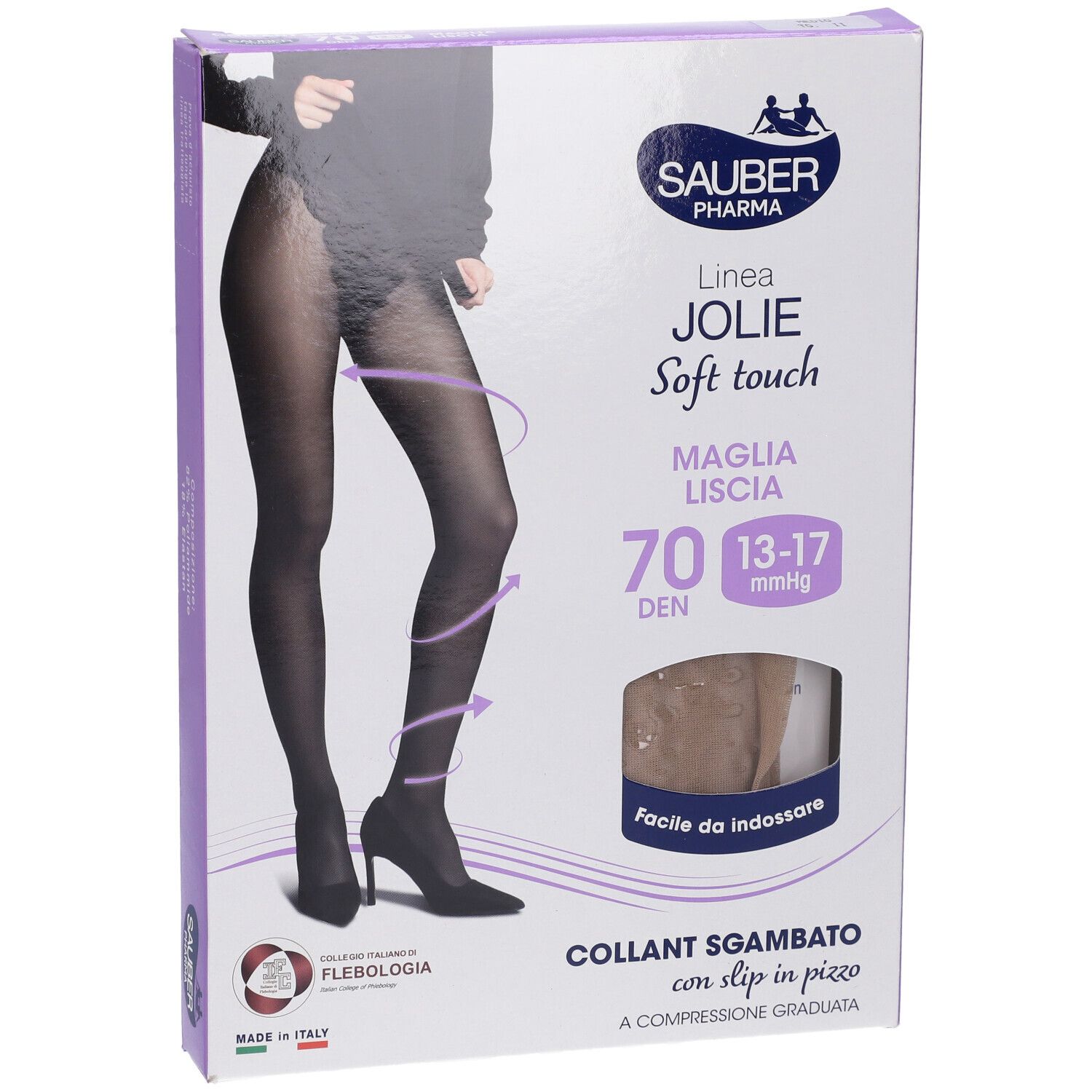 Collant nero Sauber Pharma Jolie, 70 denari, con pizzo. Confezione con finestra. Marchio visibile. Made in Italy.