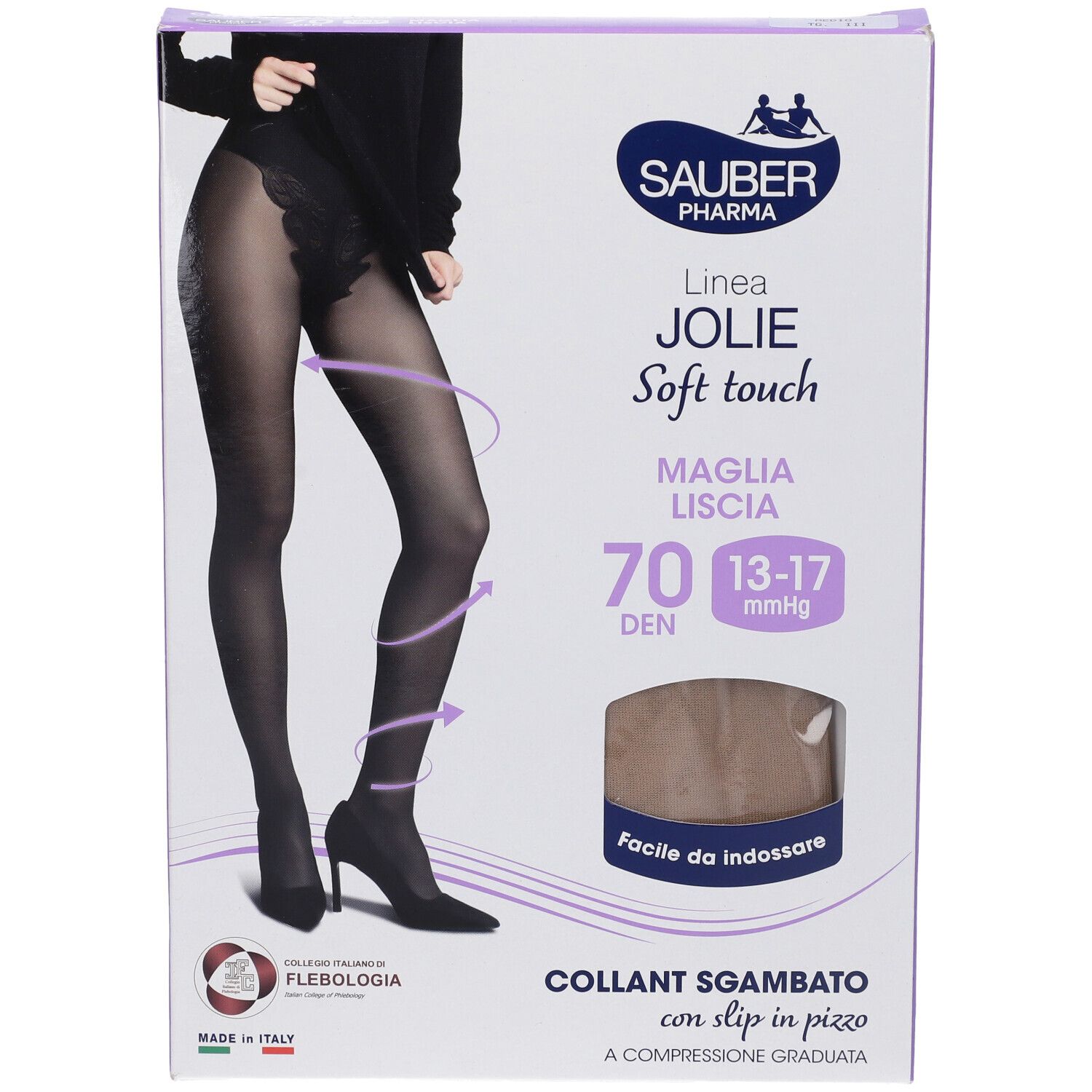 Confezione di Sauber Pharma Jolie Collant Mutanda Pizzo. Collant neri con pizzo, 70 den, taglia media. Marchio e nome del prodotto.