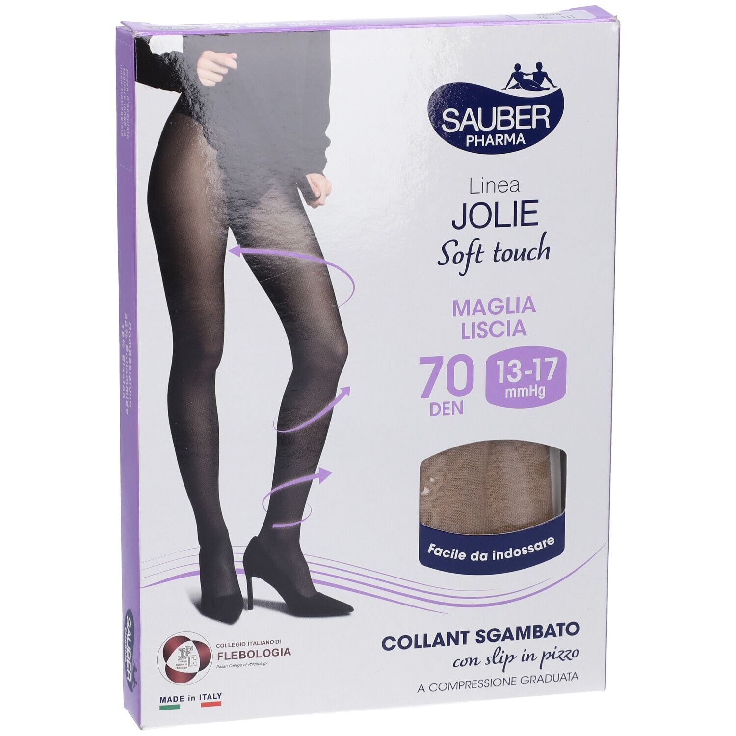 Confezione di Sauber Pharma Jolie Collant Mutanda Pizzo. Collant neri con pizzo, 70 den, taglia media. Marchio e nome del prodotto.