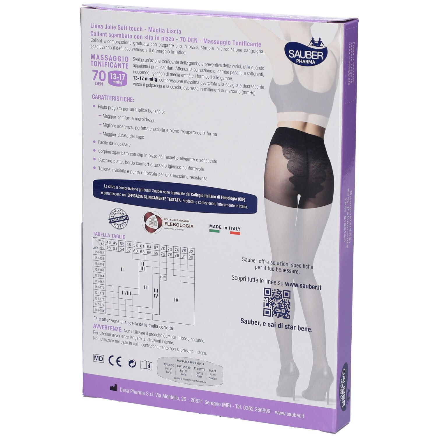 Retro confezione collant SAUBER JOLIE. Informazioni, tabella taglie, QR code. Collant nero.