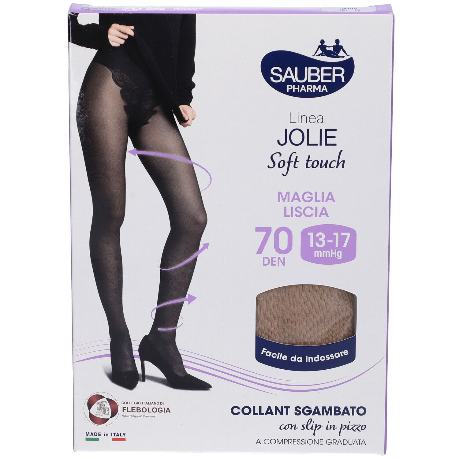 Confezione collant SAUBER JOLIE, 70 DEN, 13-17 mmHg. Collant nero con pizzo. Donna sulla confezione.