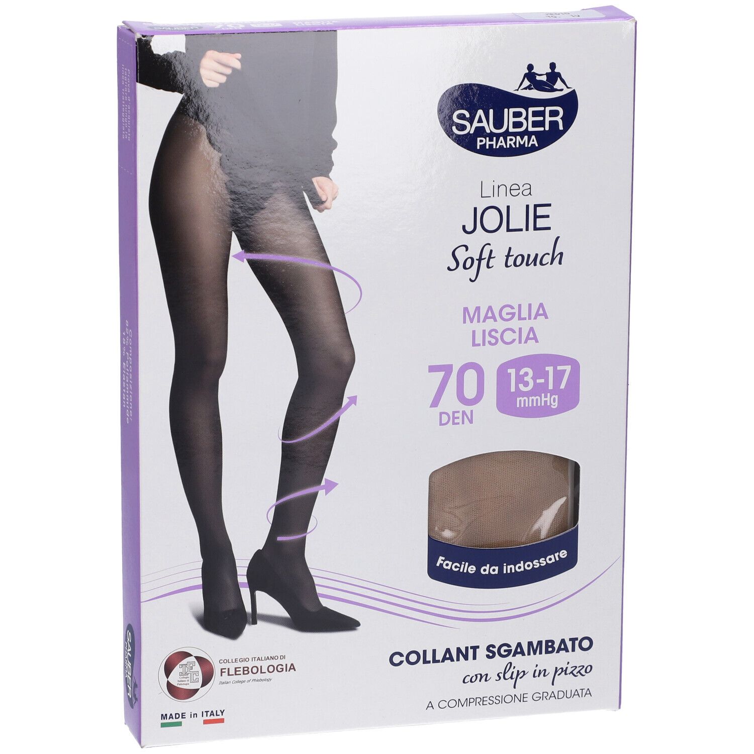 Confezione collant SAUBER JOLIE, 70 DEN, 13-17 mmHg. Collant nero con pizzo. Donna sulla confezione.
