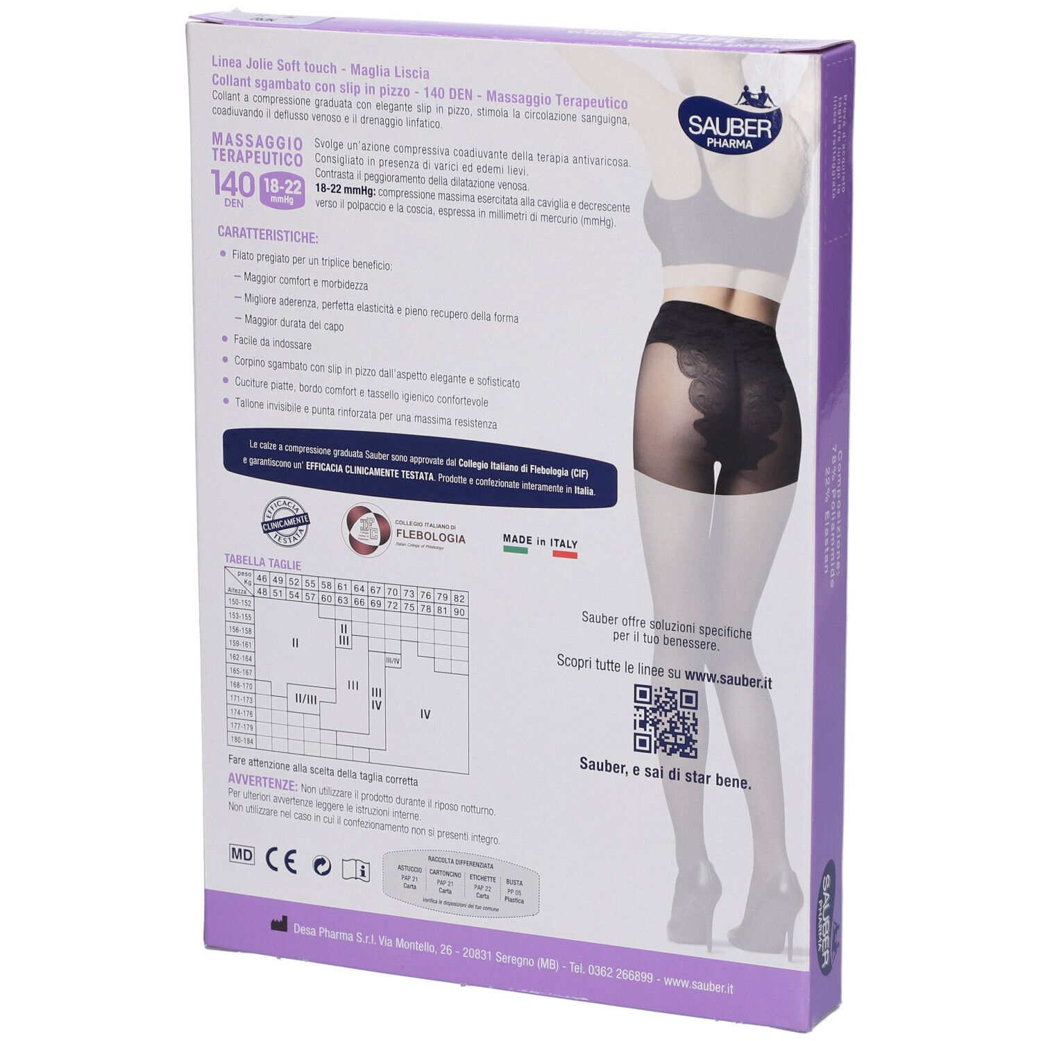 Retro della confezione collant SAUBER JOLIE. Informazioni su caratteristiche e taglie. Codice QR e logo.