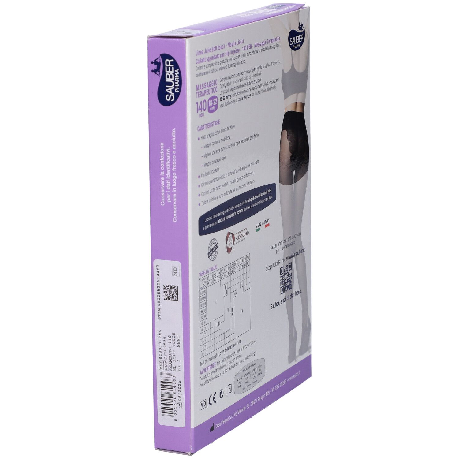 Vista laterale della confezione collant SAUBER JOLIE. Informazioni su caratteristiche e taglie. Codice QR.