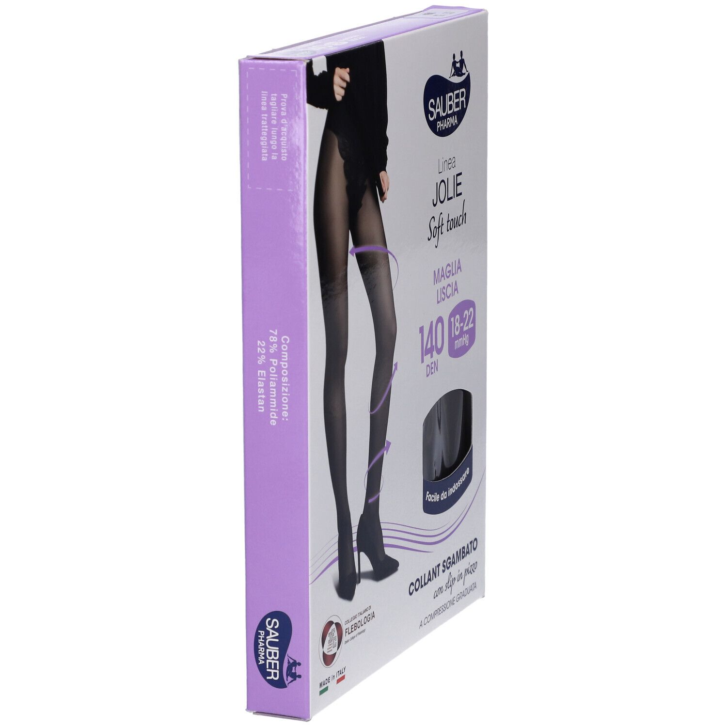 Confezione del collant nero. Marchio SAUBER. Testo: JOLIE, 140 DEN, 18-22 mmHg. Con pizzo. Made in Italy.