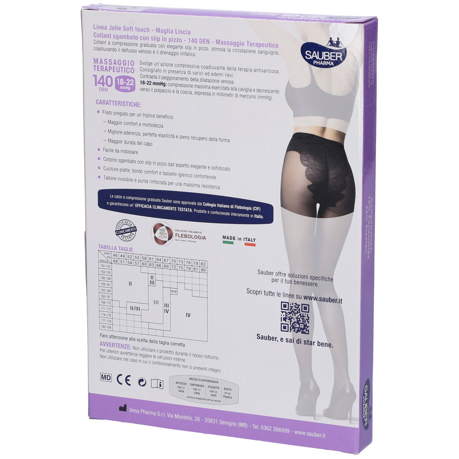 Retro della confezione del collant nero. Marchio SAUBER. Testo: JOLIE, 140 DEN, 18-22 mmHg. Con pizzo.