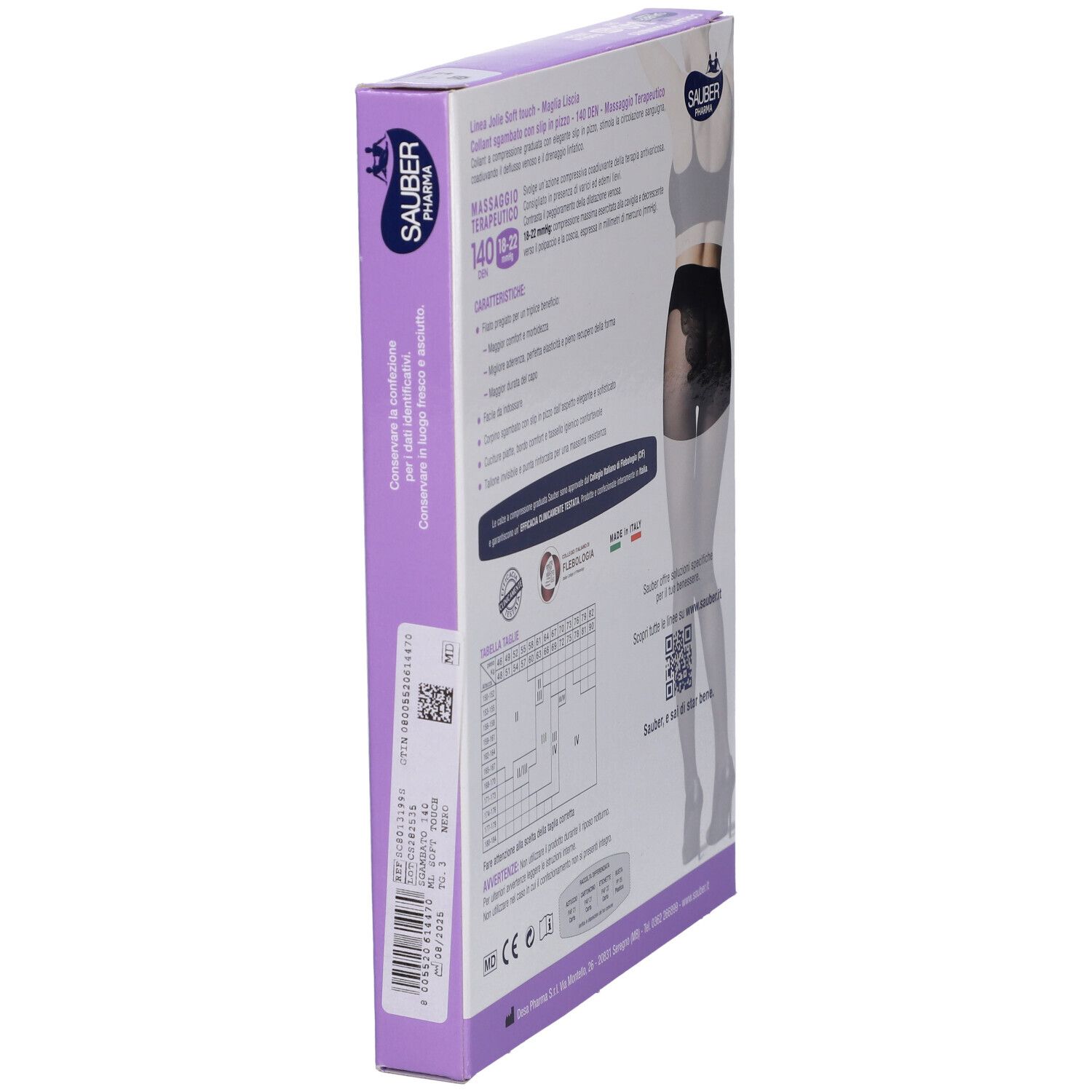Confezione del collant nero. Marchio SAUBER. Testo: JOLIE, 140 DEN, 18-22 mmHg. Con pizzo. Made in Italy.