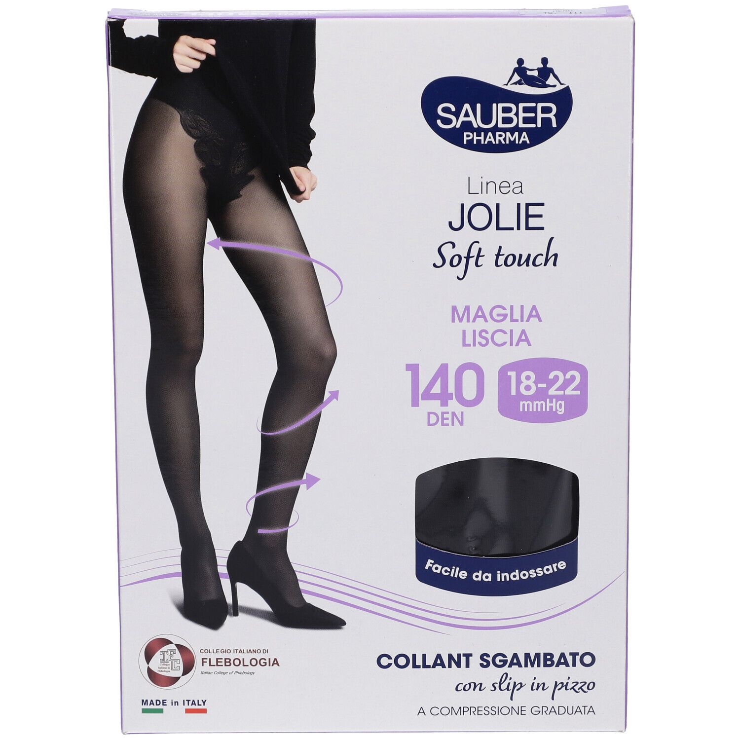 Collant nero in confezione. Marchio SAUBER. Testo: JOLIE, 140 DEN, 18-22 mmHg. Con pizzo. Made in Italy.