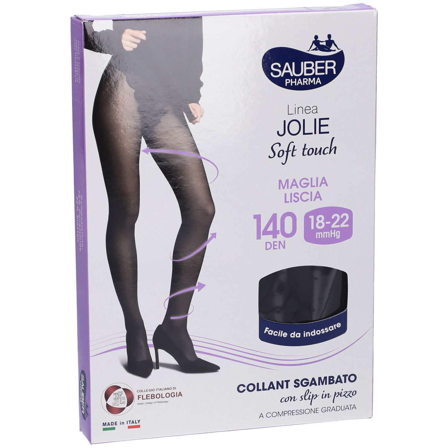 Collant nero in confezione. Marchio SAUBER. Testo: JOLIE, 140 DEN, 18-22 mmHg. Con pizzo. Made in Italy.