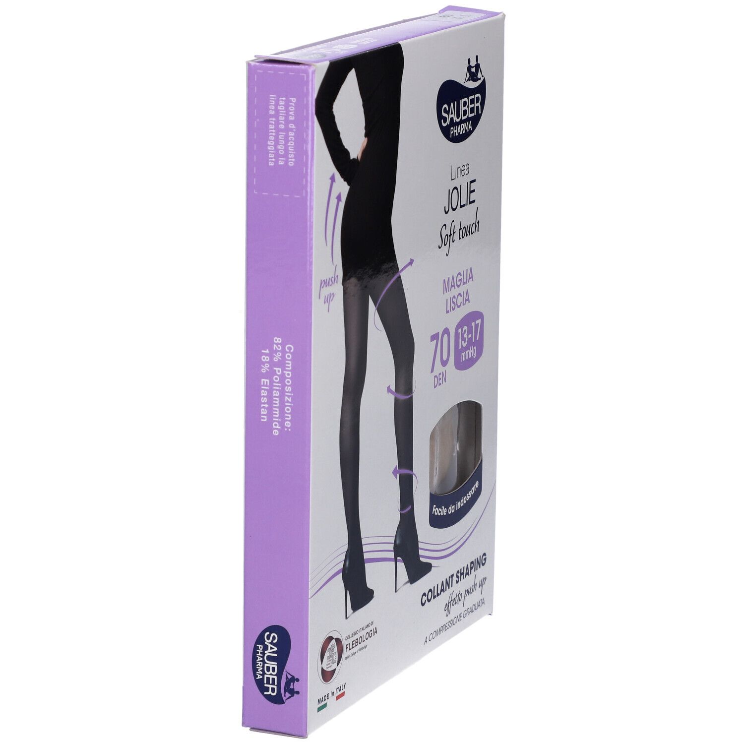 Confezione collant Sauber Pharma Jolie. Collant nero, 70 den. Vista laterale della confezione.