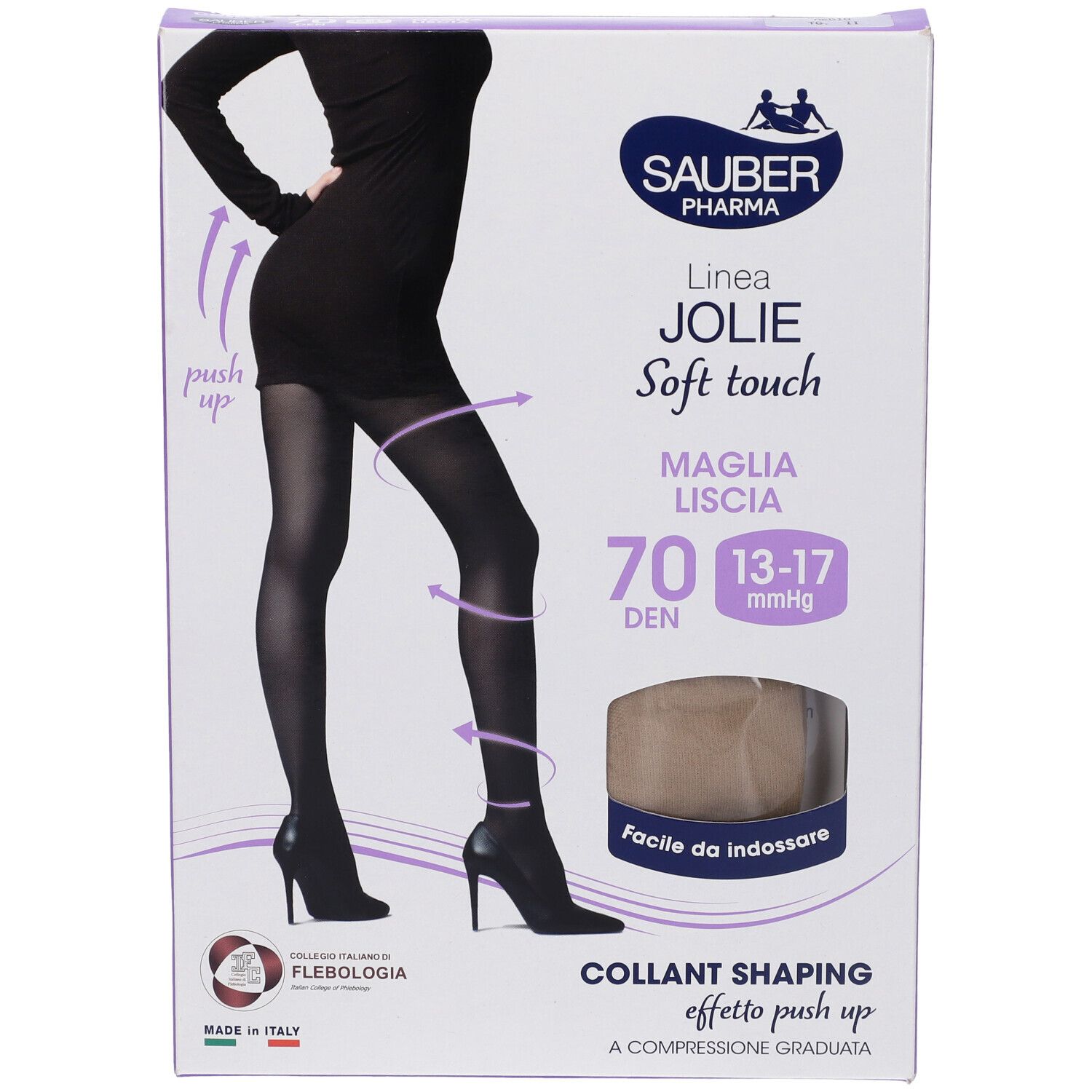 Confezione collant Sauber Pharma Jolie. Collant nero, 70 den, effetto shaping. Immagine di donna che indossa collant.