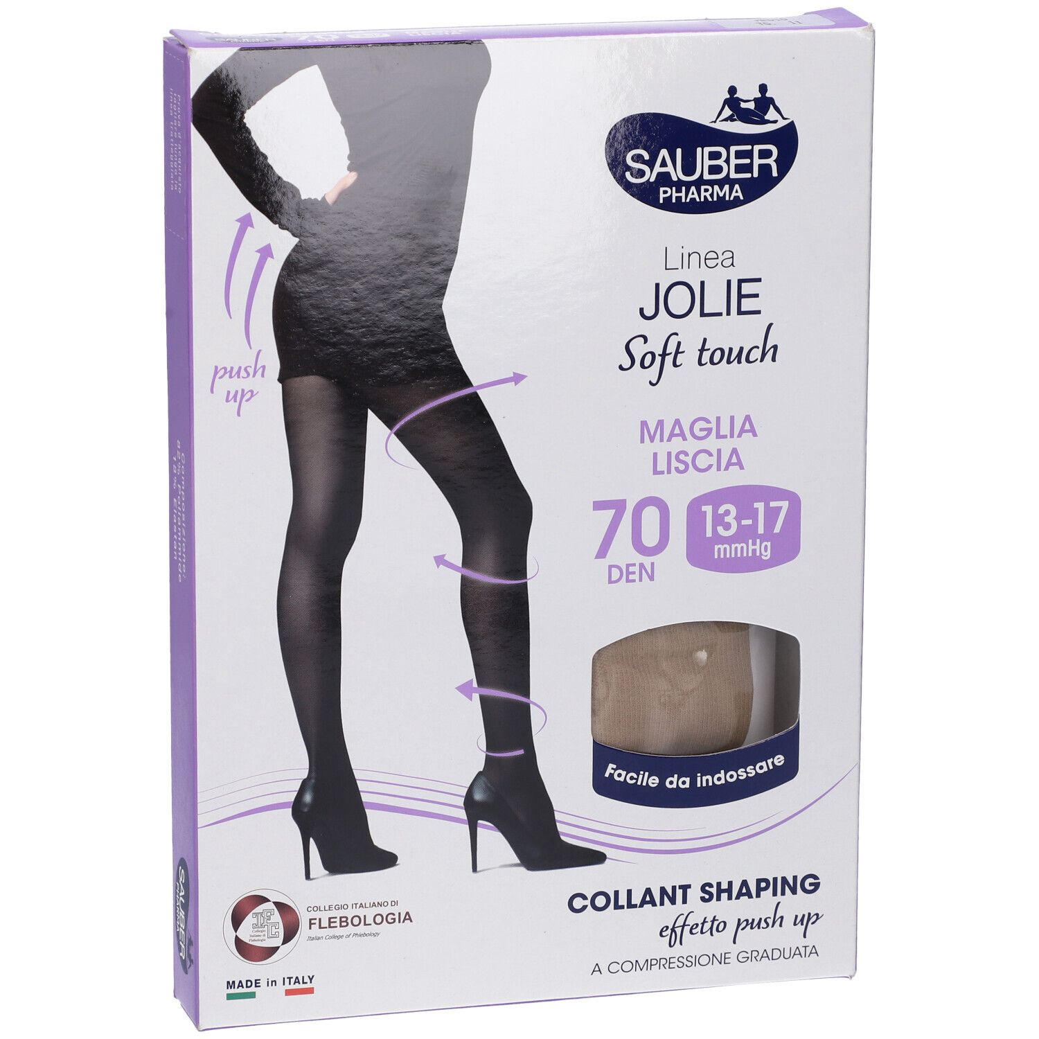 Confezione collant Sauber Pharma Jolie. Collant nero, 70 den, effetto shaping. Immagine di donna che indossa collant.