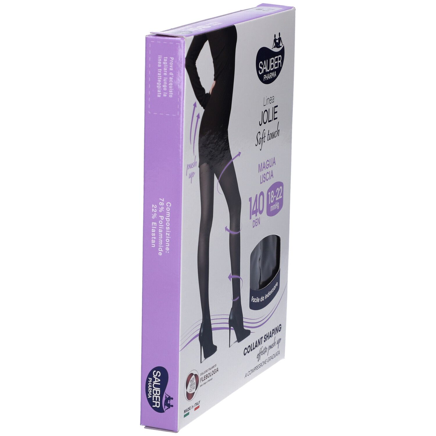 Confezione collant nero Sauber Pharma Jolie, 140 den, 18-22 mmHg. Dettaglio composizione. Vista laterale.