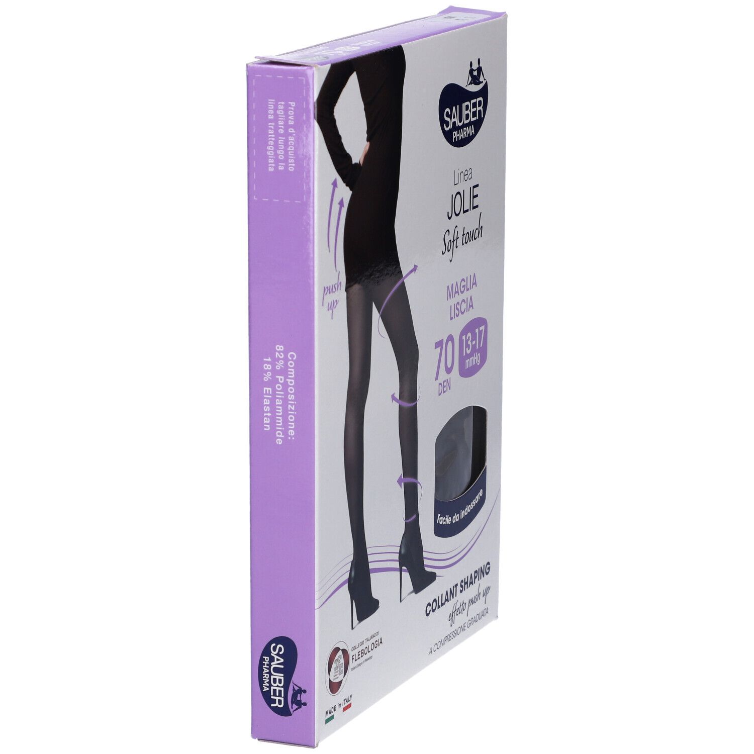 Confezione SAUBER JOLIE SHAPING 70 NE 2, vista laterale. Collant nero, figura femminile. Testo: 'Soft touch', 'Collant Shaping effetto push up'.