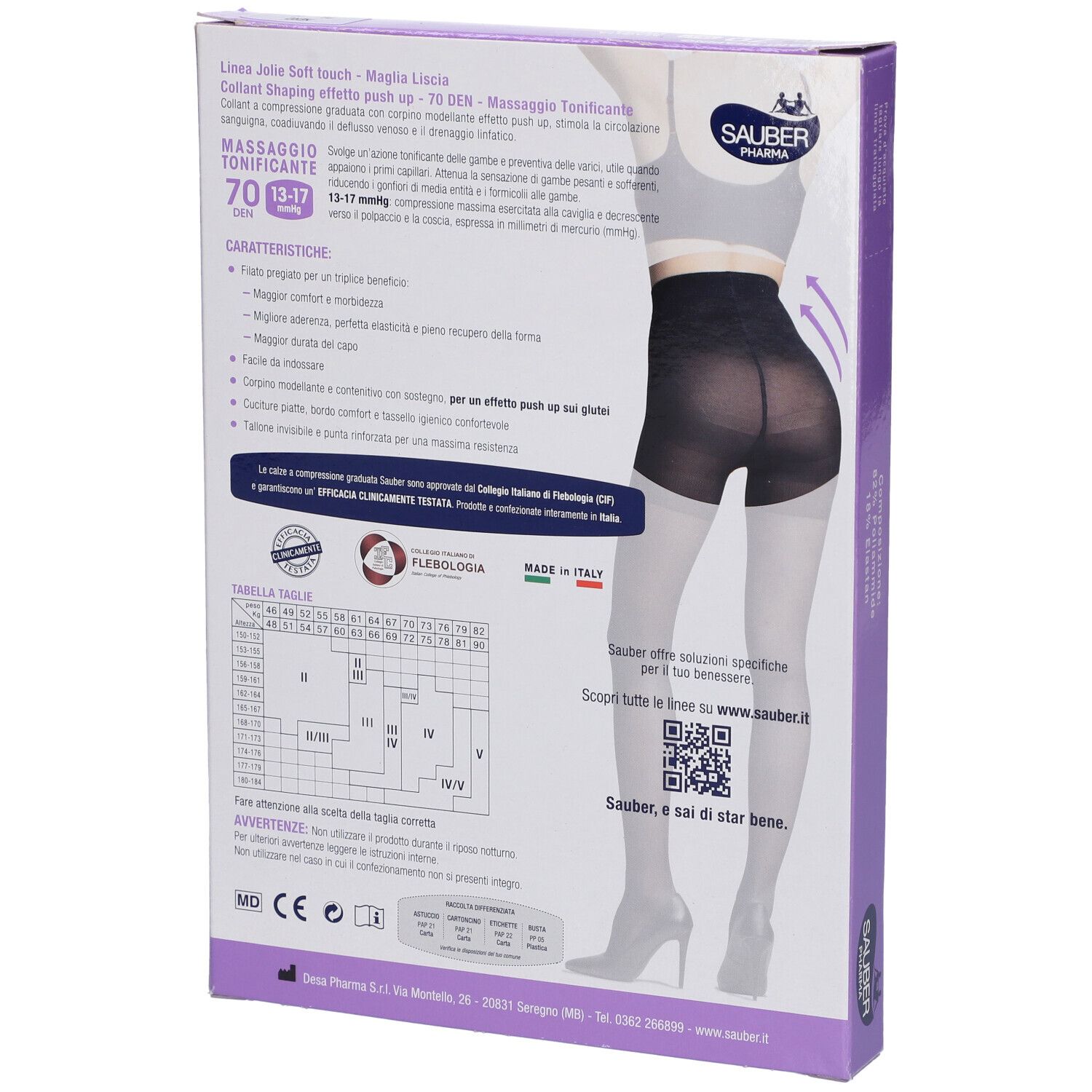 Retro della confezione SAUBER JOLIE SHAPING 70 NE 2. Testo, tabella taglie, codice QR. Illustrazione di donna con collant.