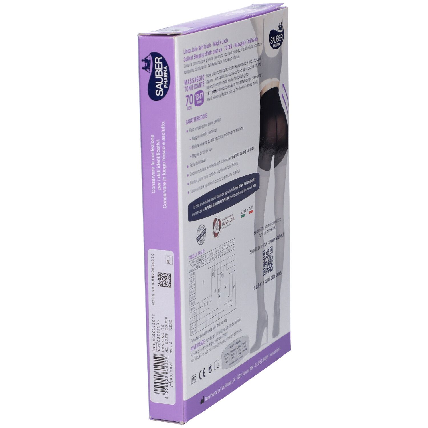 Vista laterale della confezione SAUBER JOLIE SHAPING 70 NE 2. Testo, codice QR, codice a barre. Prodotto in Italia.