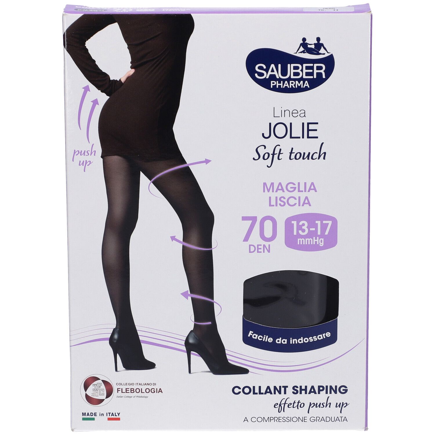 Confezione collant SAUBER JOLIE SHAPING 70 NE 2. Collant nero, figura femminile. Testo: 'Soft touch', 'Collant Shaping effetto push up'.