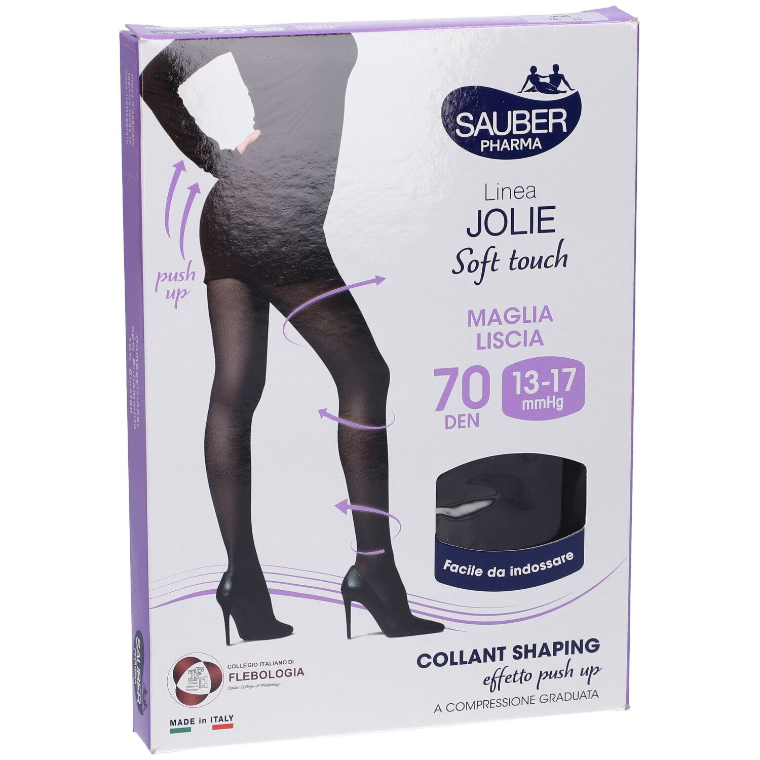 Confezione collant SAUBER JOLIE SHAPING 70 NE 2. Collant nero, figura femminile. Testo: 'Soft touch', 'Collant Shaping effetto push up'.