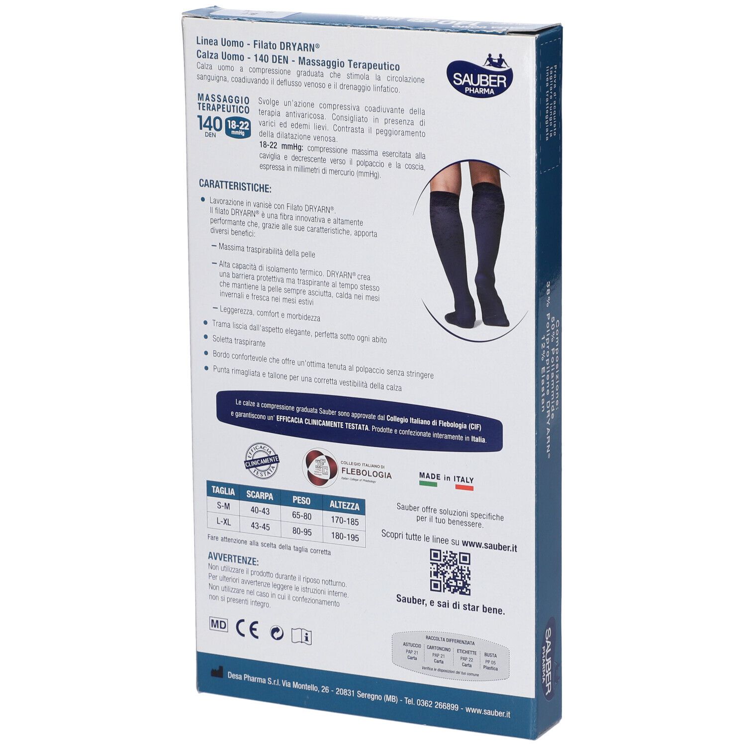 Retro confezione calze a compressione blu. Sauber Pharma. Informazioni prodotto e taglie.