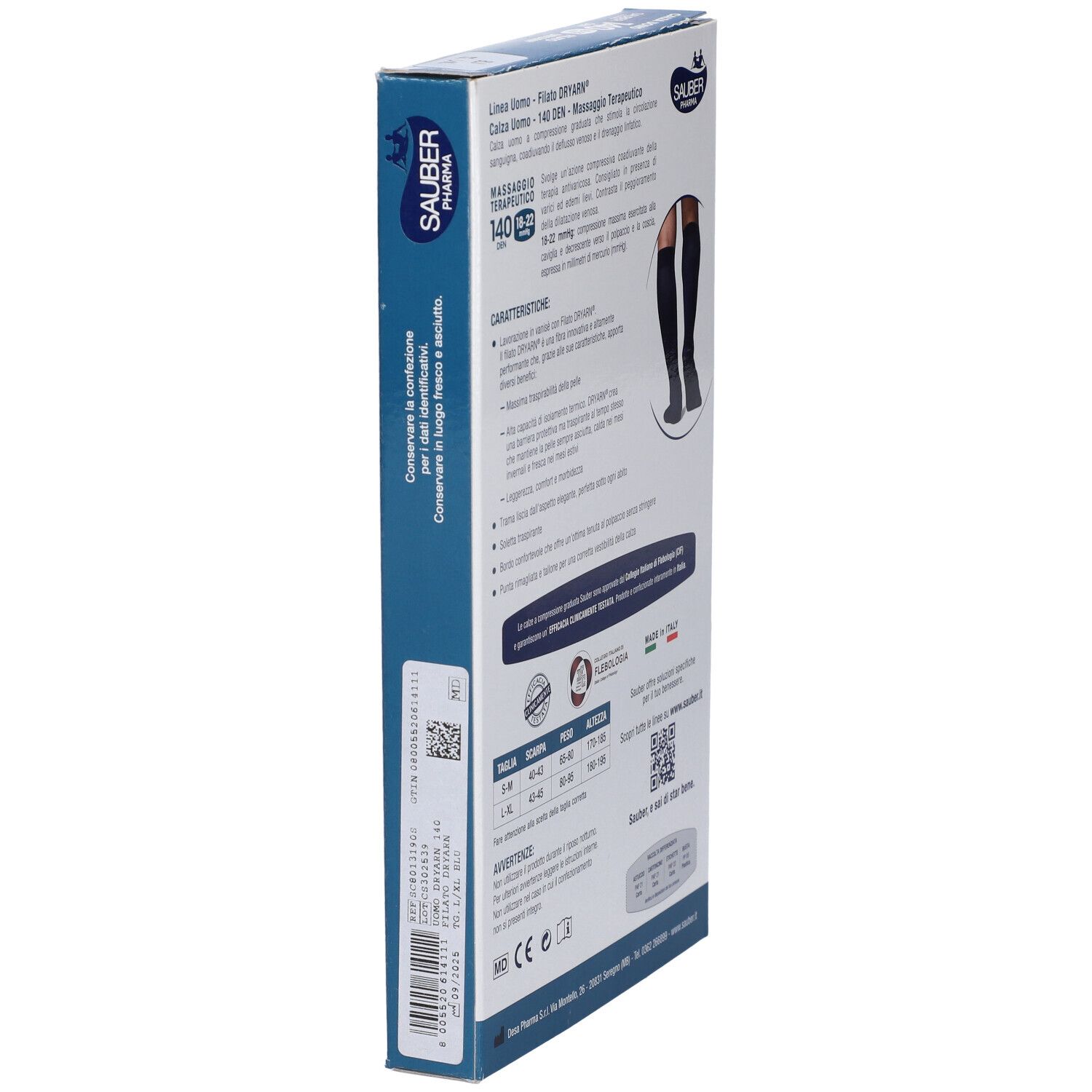 Vista laterale confezione calze a compressione blu. Sauber Pharma. Informazioni prodotto.