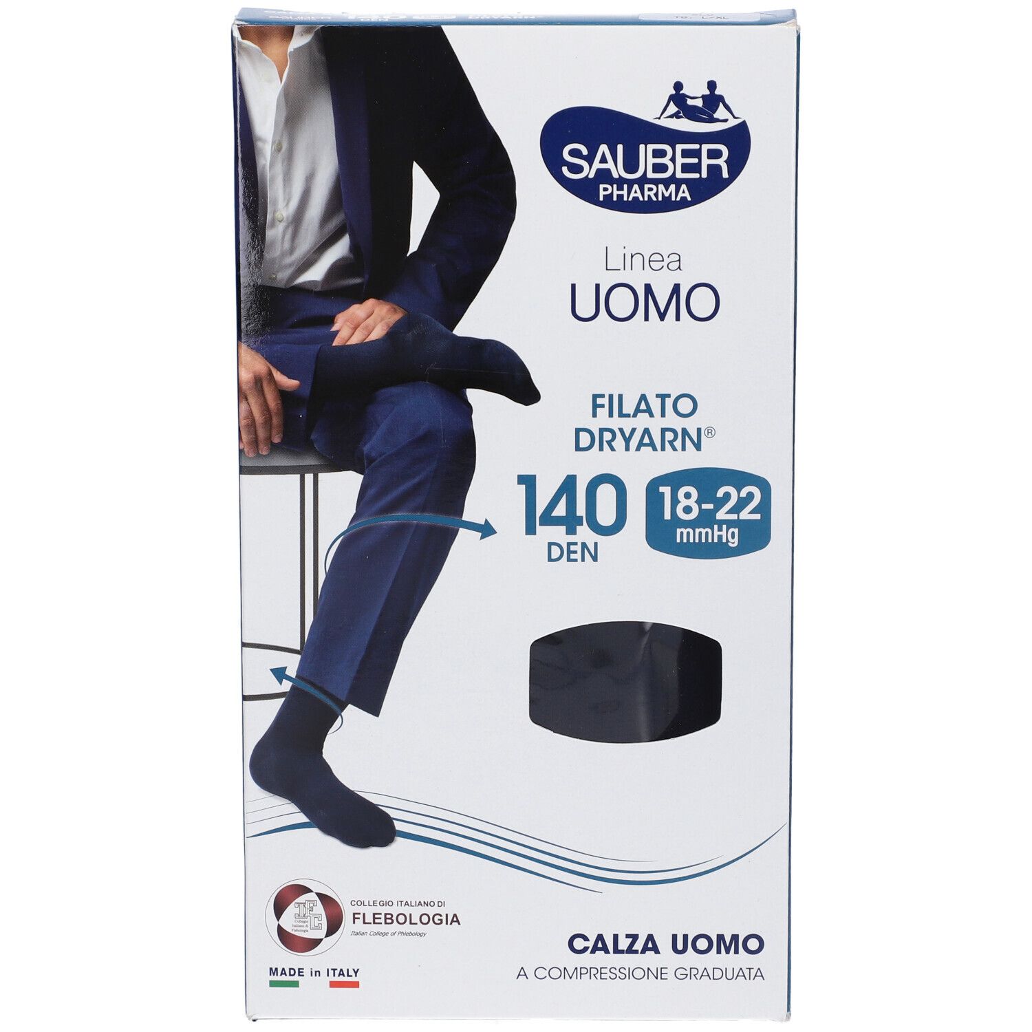 Confezione calze a compressione blu Sauber Pharma Uomo Dryarn 140 Den. Taglia L/XL. Uomo in abito.