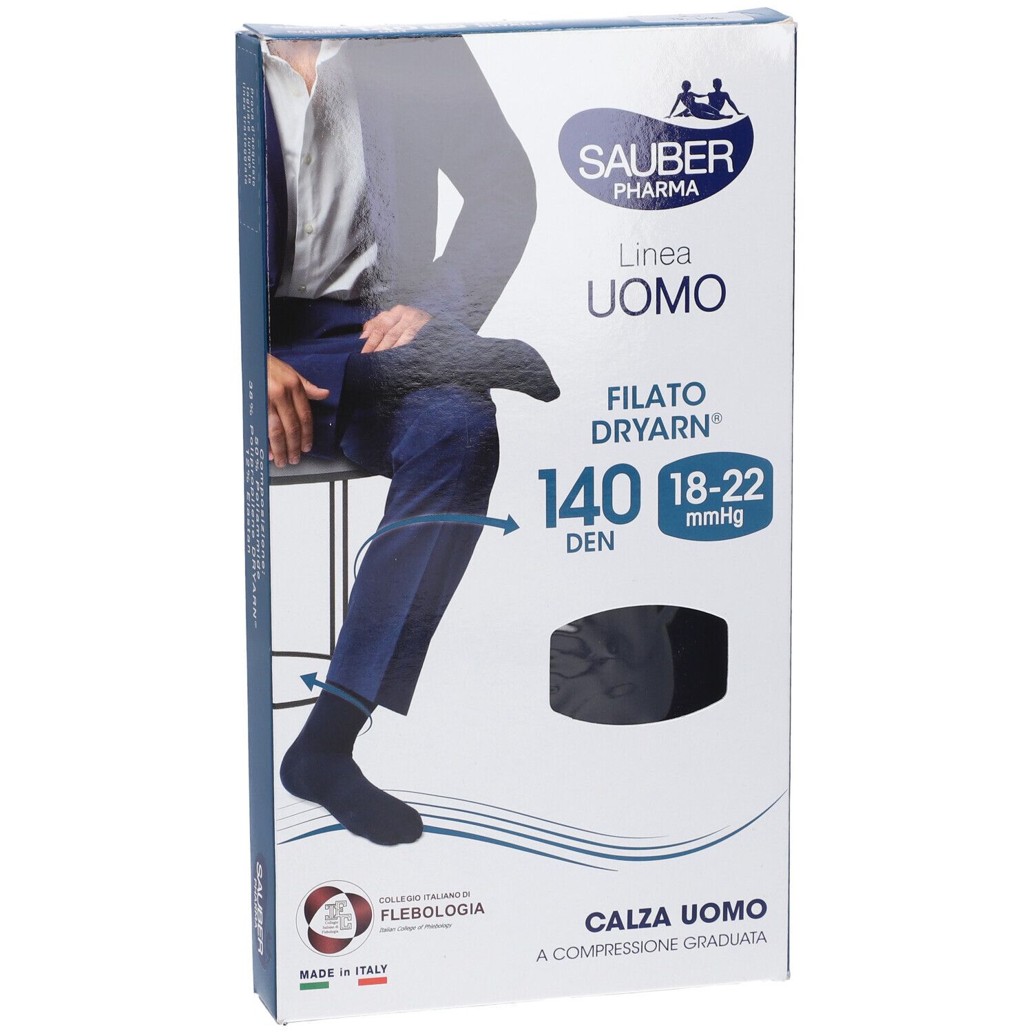 Confezione calze a compressione blu Sauber Pharma Uomo Dryarn 140 Den. Taglia L/XL. Uomo in abito.