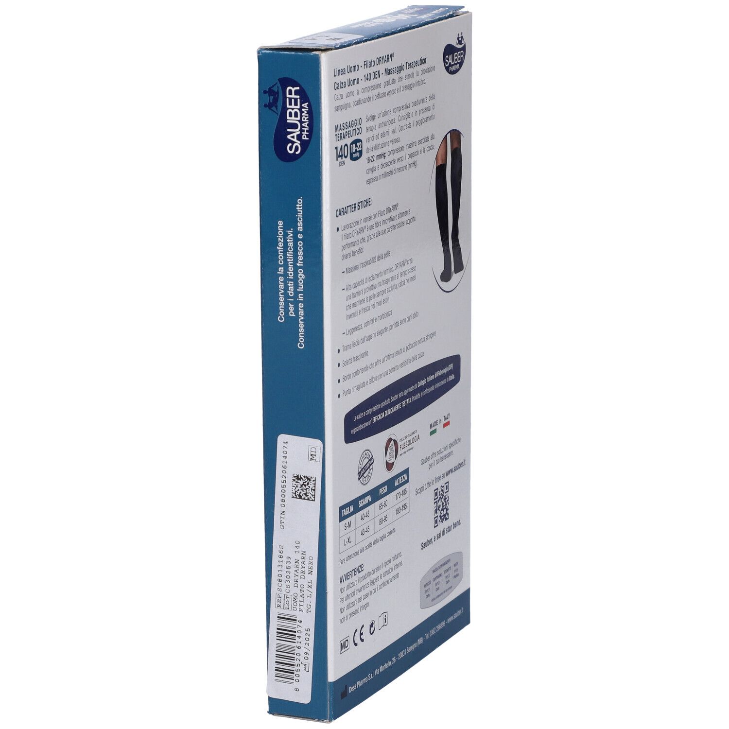 Vista laterale della confezione di calze a compressione Sauber Pharma Uomo. Testo e informazioni.