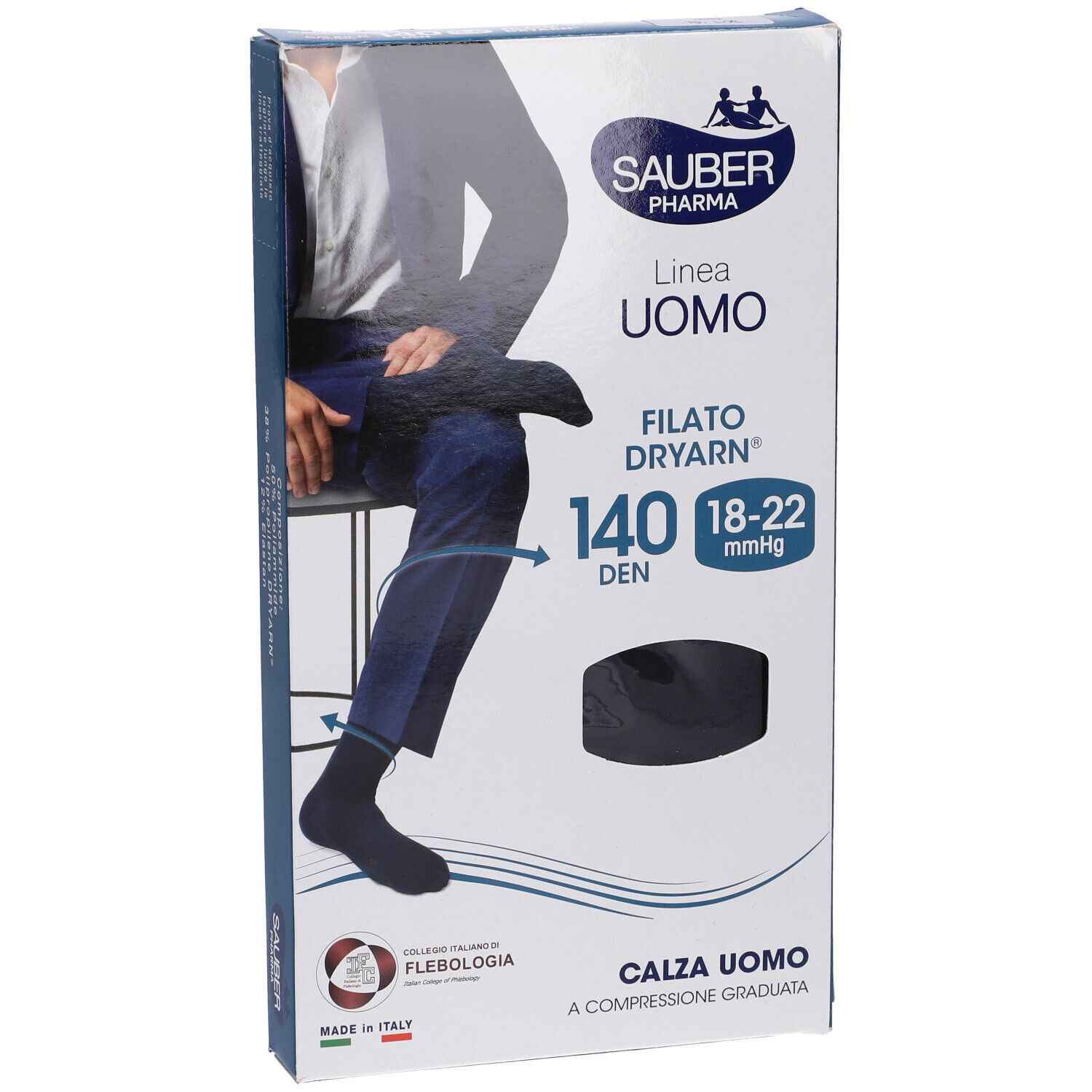 Confezione di calze a compressione Sauber Pharma Uomo. Calze nere, testo: 140 DEN, Dryarn, Calza Uomo.