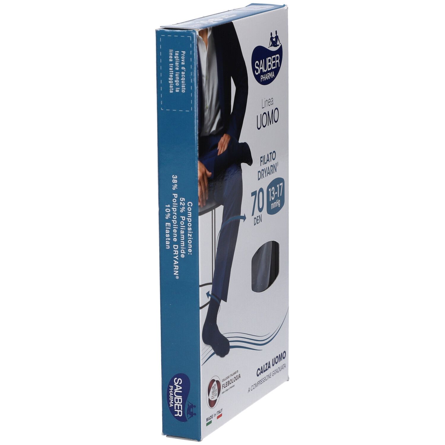 Vista laterale della confezione di SAUBER UOMO CAL DRY70 BL L/XL. Nome del prodotto e ingredienti.