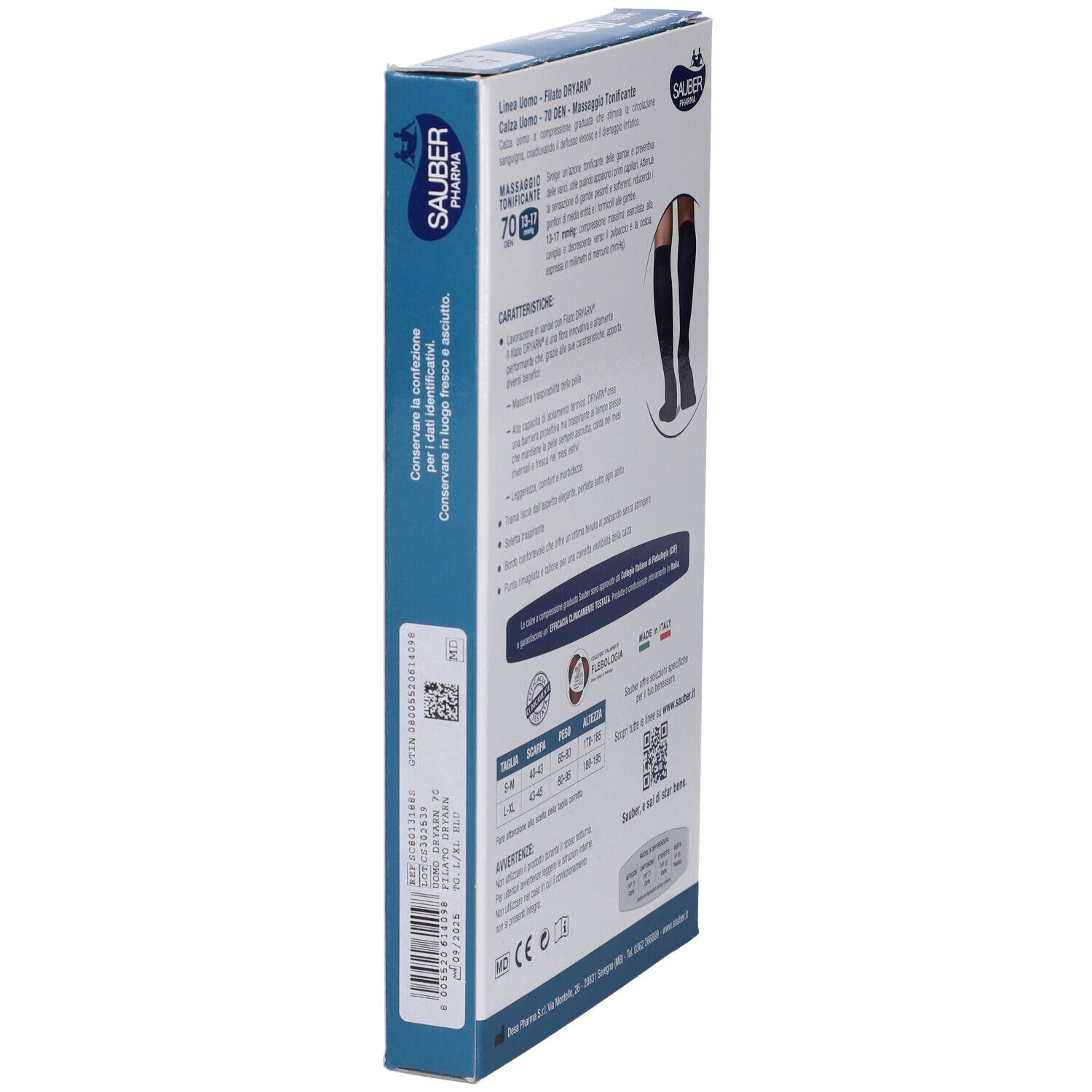 Vista laterale della confezione di SAUBER UOMO CAL DRY70 BL L/XL. Informazioni sul prodotto e codice a barre.