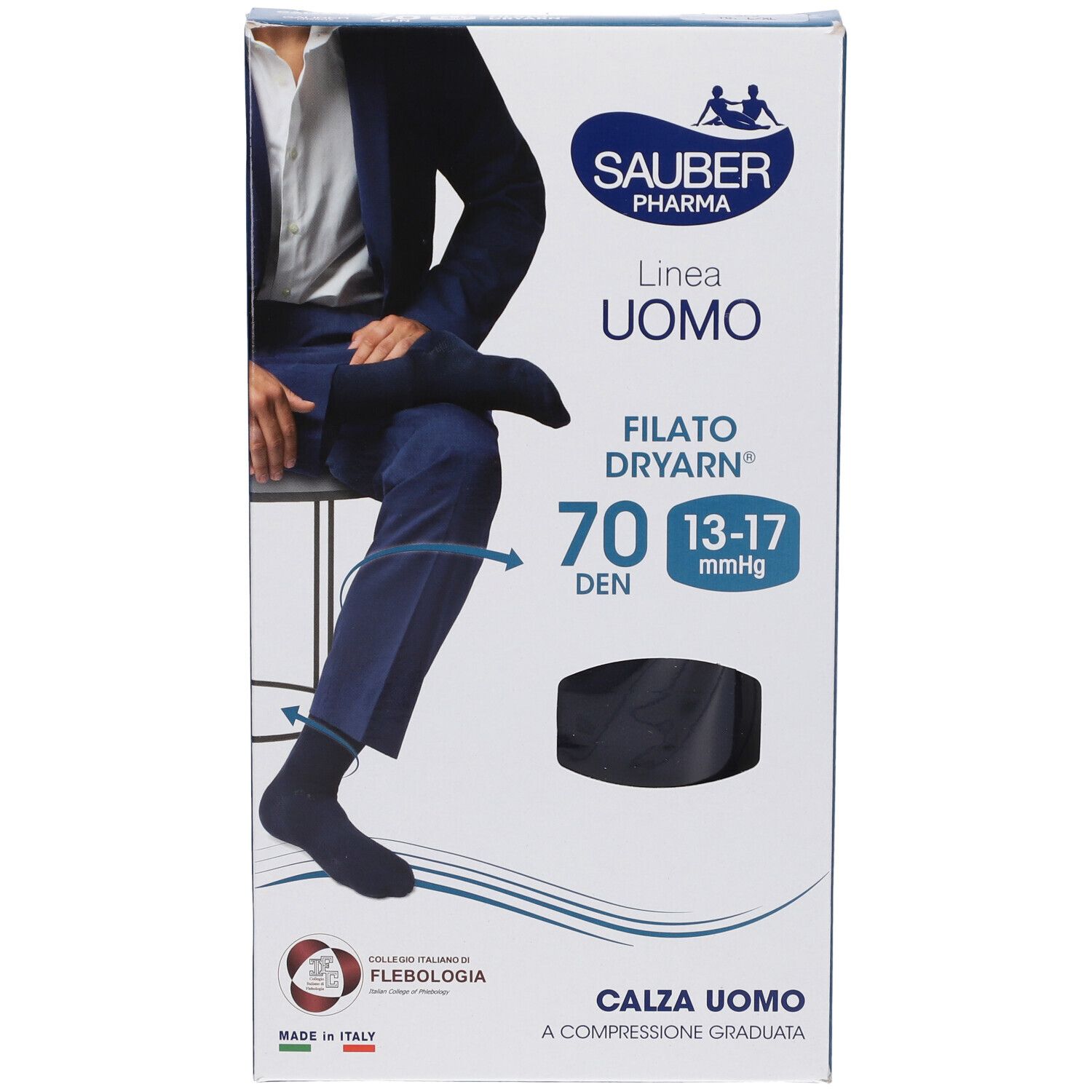 Confezione di SAUBER UOMO CAL DRY70 BL L/XL. Calze a compressione nere. Marchio e nome del prodotto visibili.