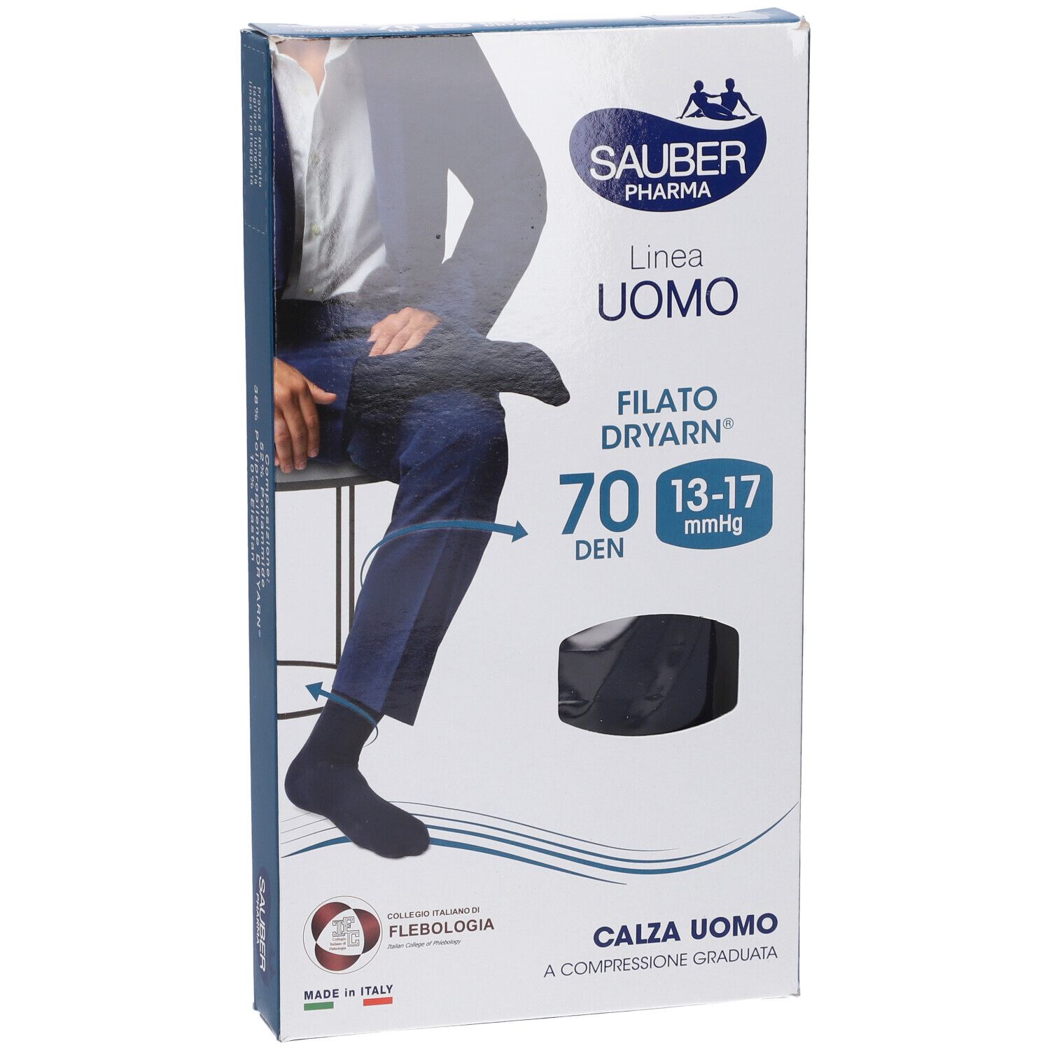 Confezione di SAUBER UOMO CAL DRY70 BL L/XL. Calze a compressione nere. Marchio e nome del prodotto visibili.