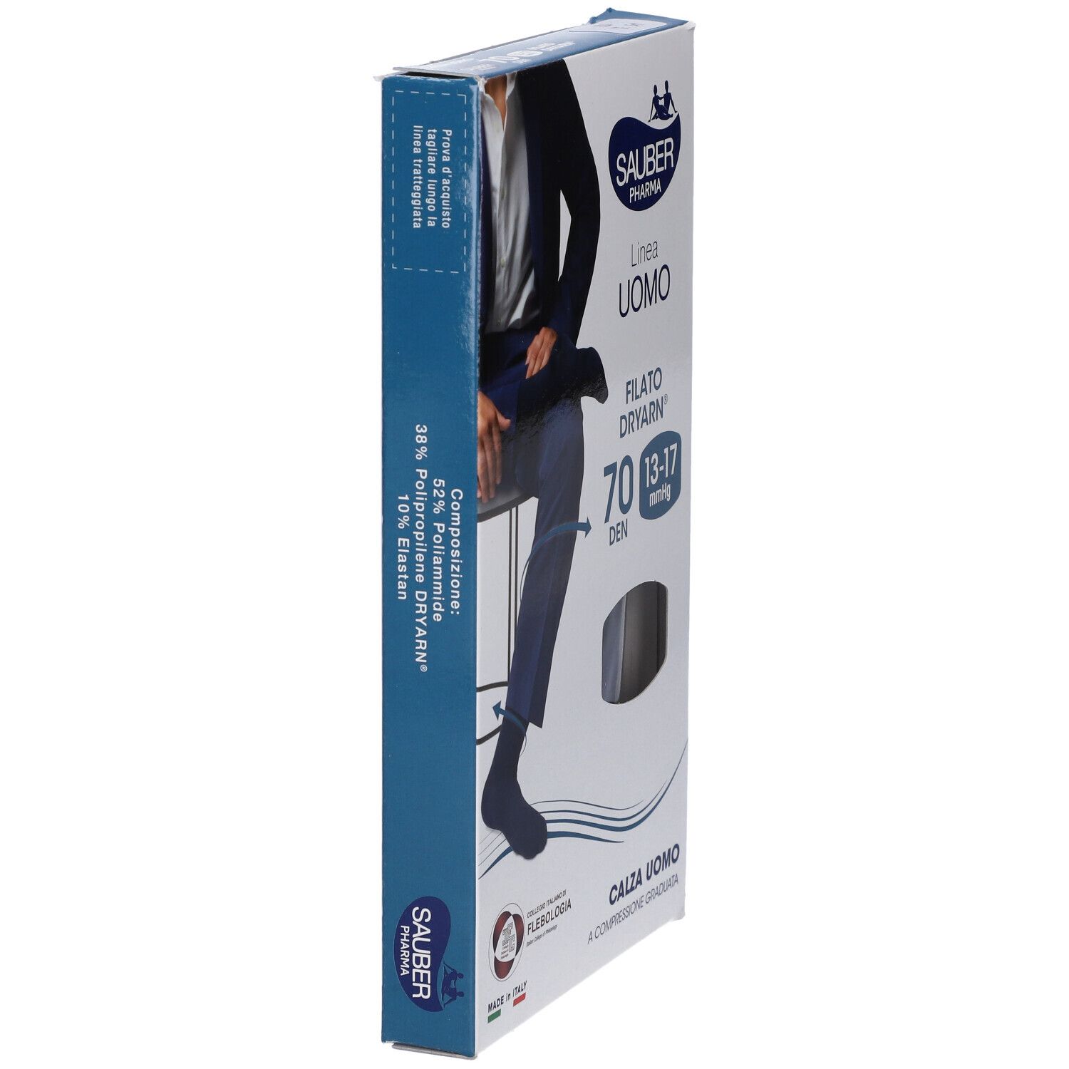 Vista laterale della confezione SAUBER UOMO CAL DRY70 BL S/M. Testo: FILATO DRYARN, 70 DEN, 13-17 mmHg. Logo SAUBER Pharma. Composizione.