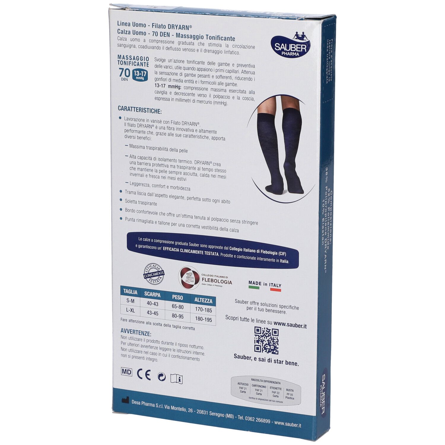 Retro della confezione SAUBER UOMO CAL DRY70 BL S/M. Testo: FILATO DRYARN, 70 DEN, 13-17 mmHg. Informazioni taglie. Logo SAUBER Pharma.