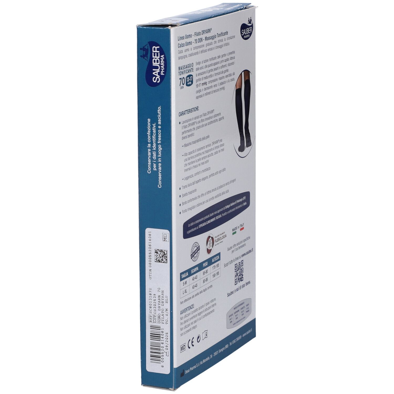 Vista laterale della confezione SAUBER UOMO CAL DRY70 BL S/M. Testo: FILATO DRYARN, 70 DEN, 13-17 mmHg. Logo SAUBER Pharma. Codice a barre.