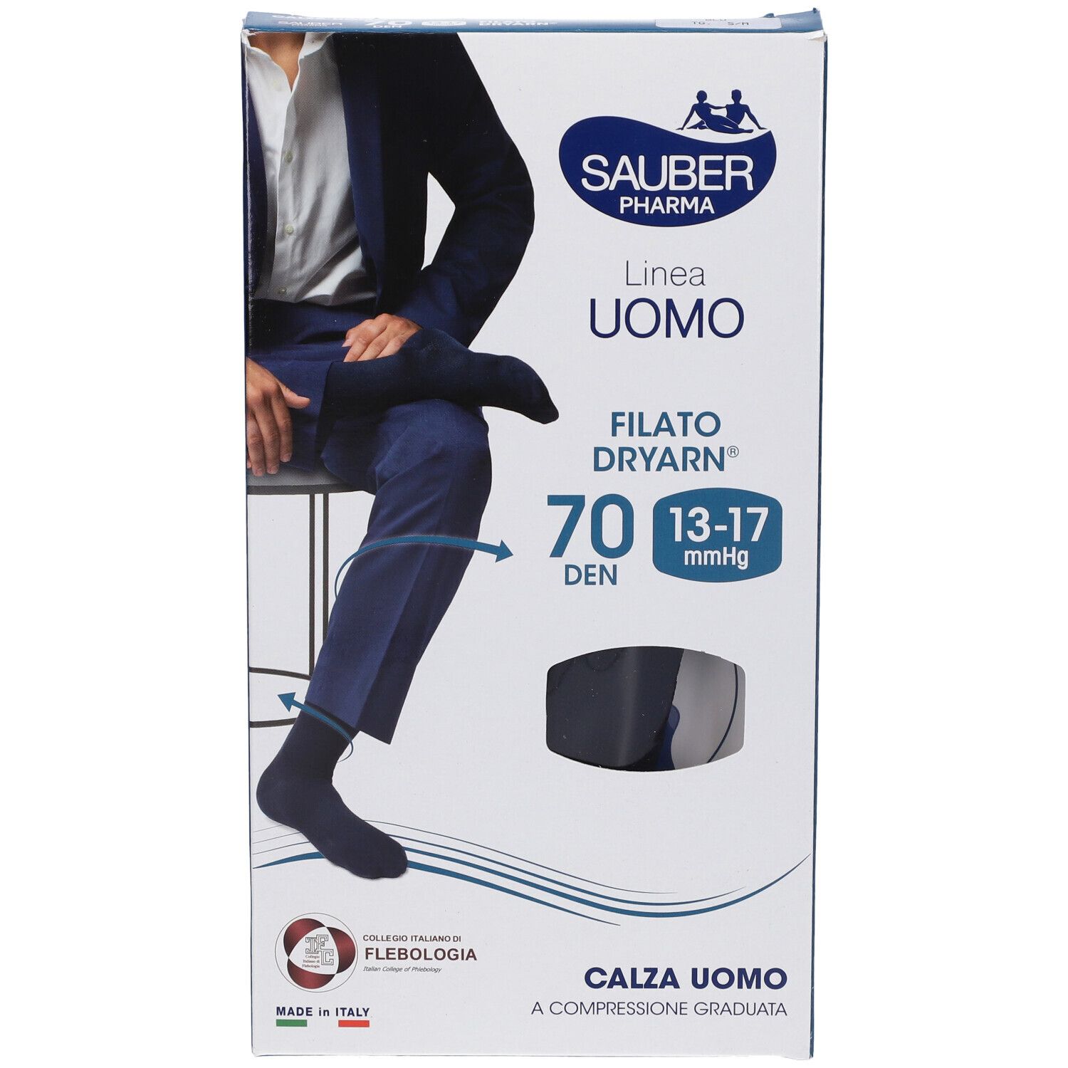 Confezione SAUBER UOMO CAL DRY70 BL S/M. Calze a compressione nere. Testo: FILATO DRYARN, 70 DEN, 13-17 mmHg. Logo SAUBER Pharma.