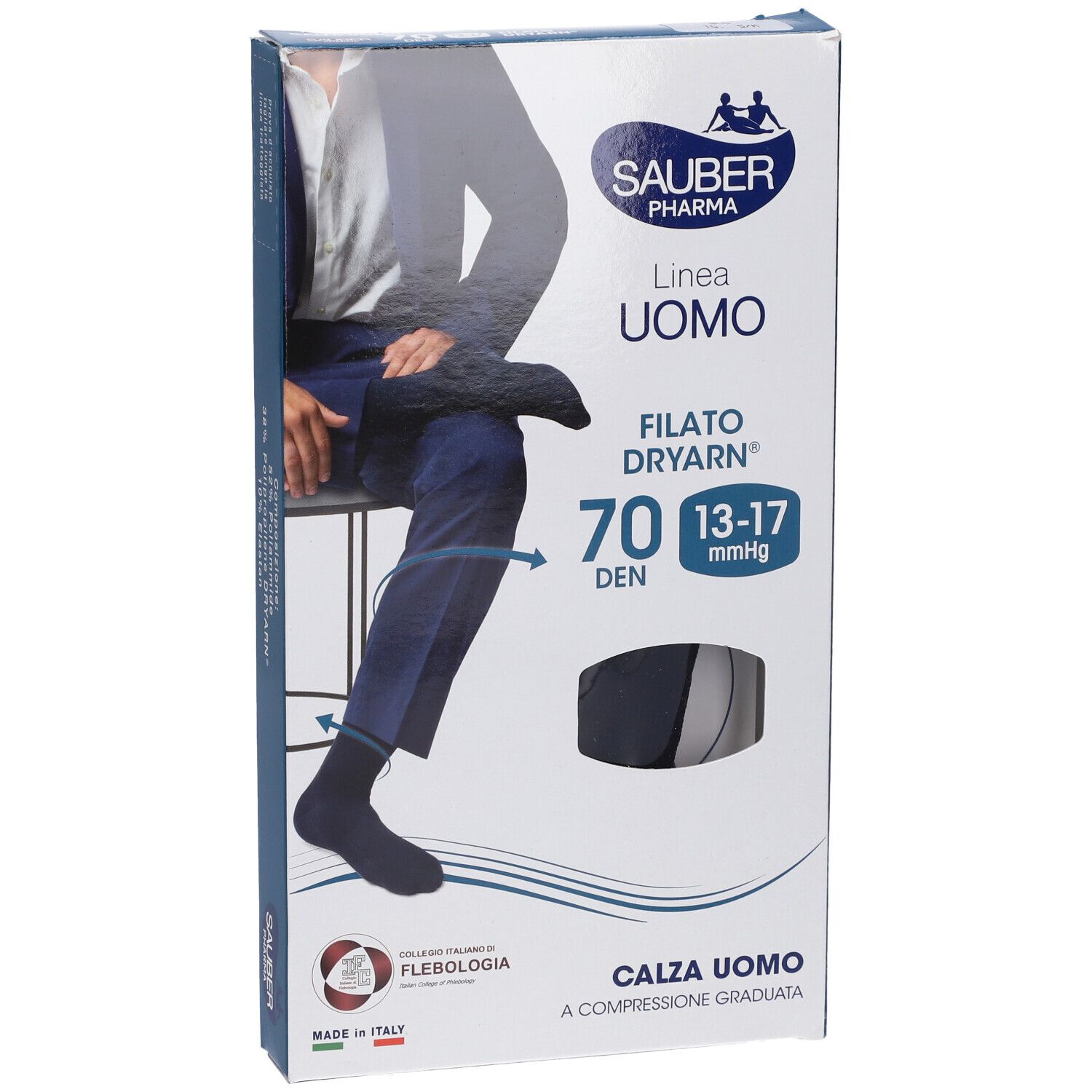 Confezione SAUBER UOMO CAL DRY70 BL S/M. Calze a compressione nere. Testo: FILATO DRYARN, 70 DEN, 13-17 mmHg. Logo SAUBER Pharma.