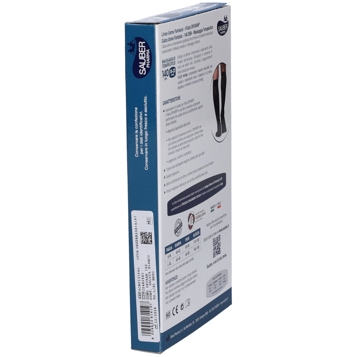 Retro della confezione calze Sauber Pharma Uomo Dryarn 140 Denari. Informazioni, taglie e certificazioni.