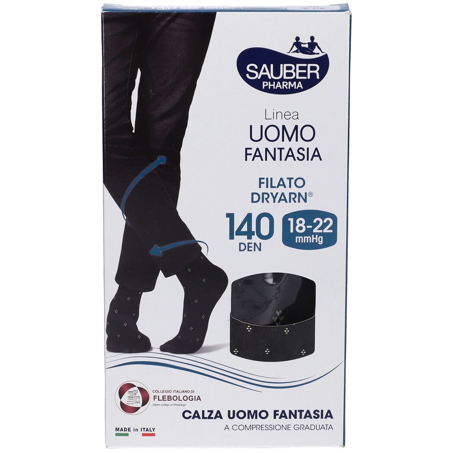 Confezione calze Sauber Pharma Uomo Dryarn 140 Denari. Calze nere a pois bianchi, compressione 18-22 mmHg.