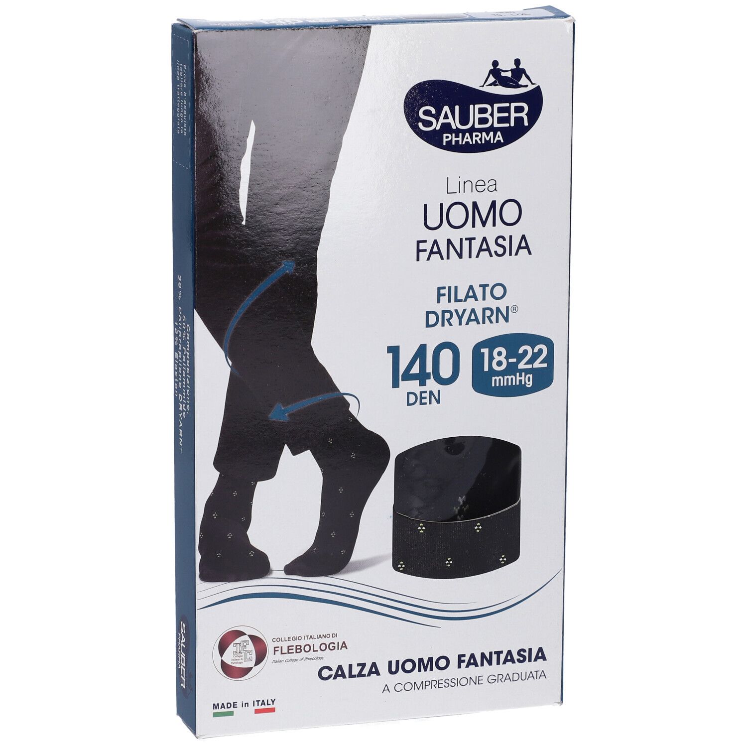 Confezione calze Sauber Pharma Uomo Dryarn 140 Denari. Calze nere a pois bianchi, compressione 18-22 mmHg.
