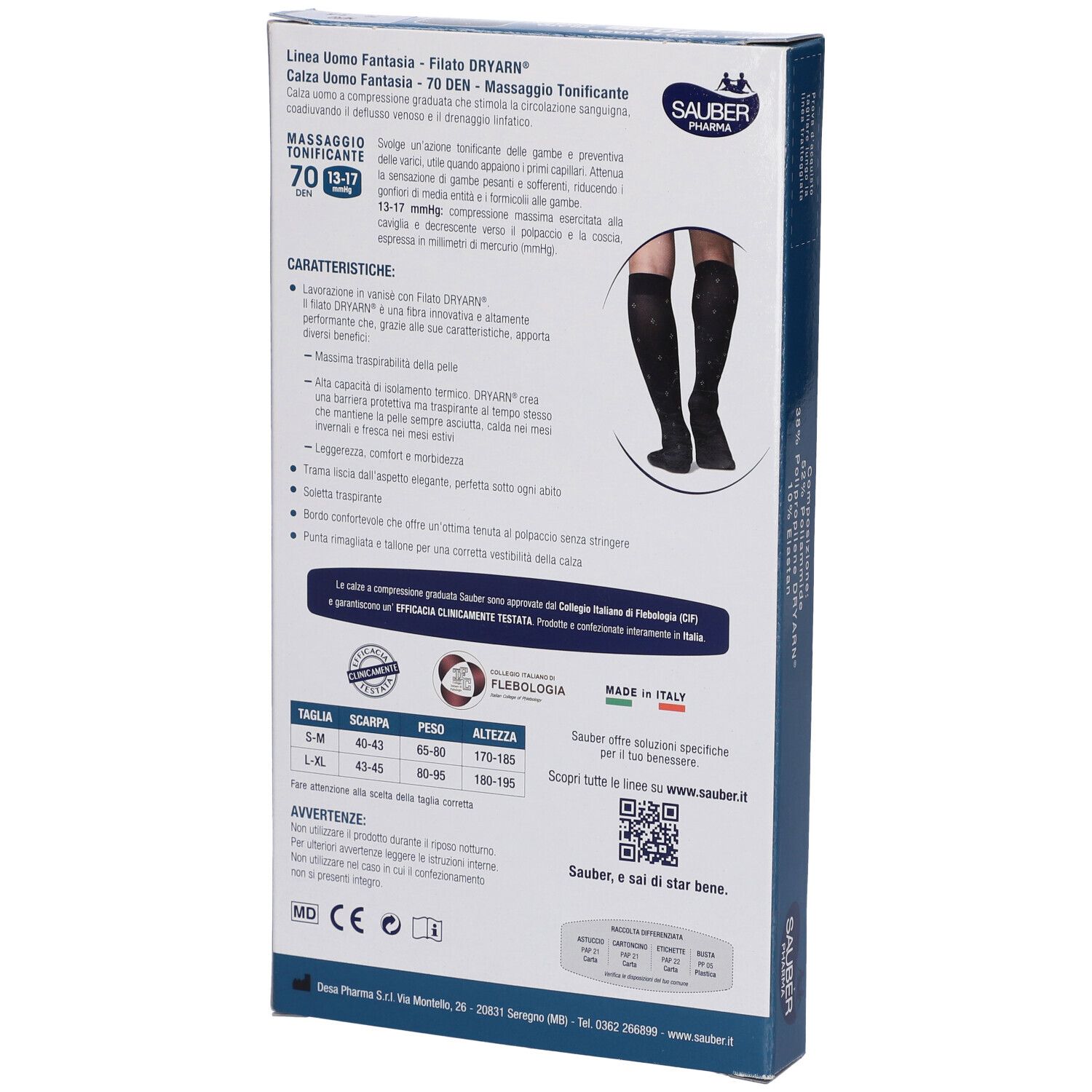 Retro della confezione di calze nere da uomo. Marchio Sauber Pharma. Testo: Uomo Fantasia, 70 Den, 13-17 mmHg.