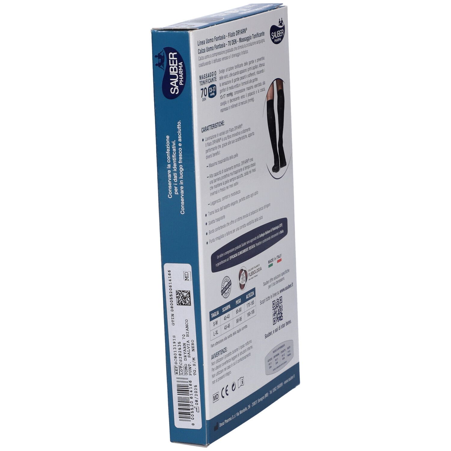 Confezione di calze nere da uomo. Marchio Sauber Pharma. Testo: Uomo Fantasia, 70 Den, 13-17 mmHg. Taglie.