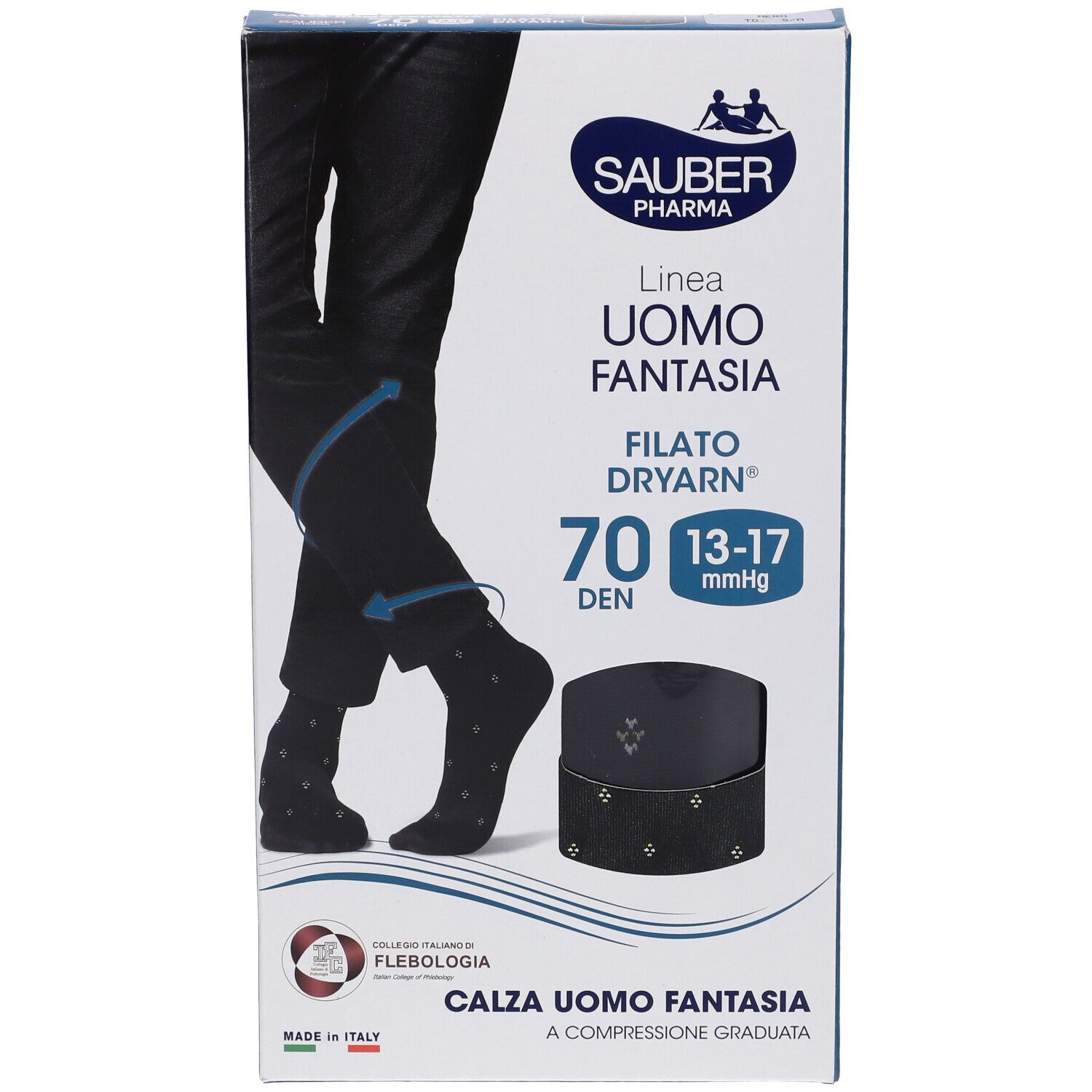 Calze nere da uomo in confezione. Marchio Sauber Pharma. Testo: Uomo Fantasia, 70 Den, 13-17 mmHg. A compressione.