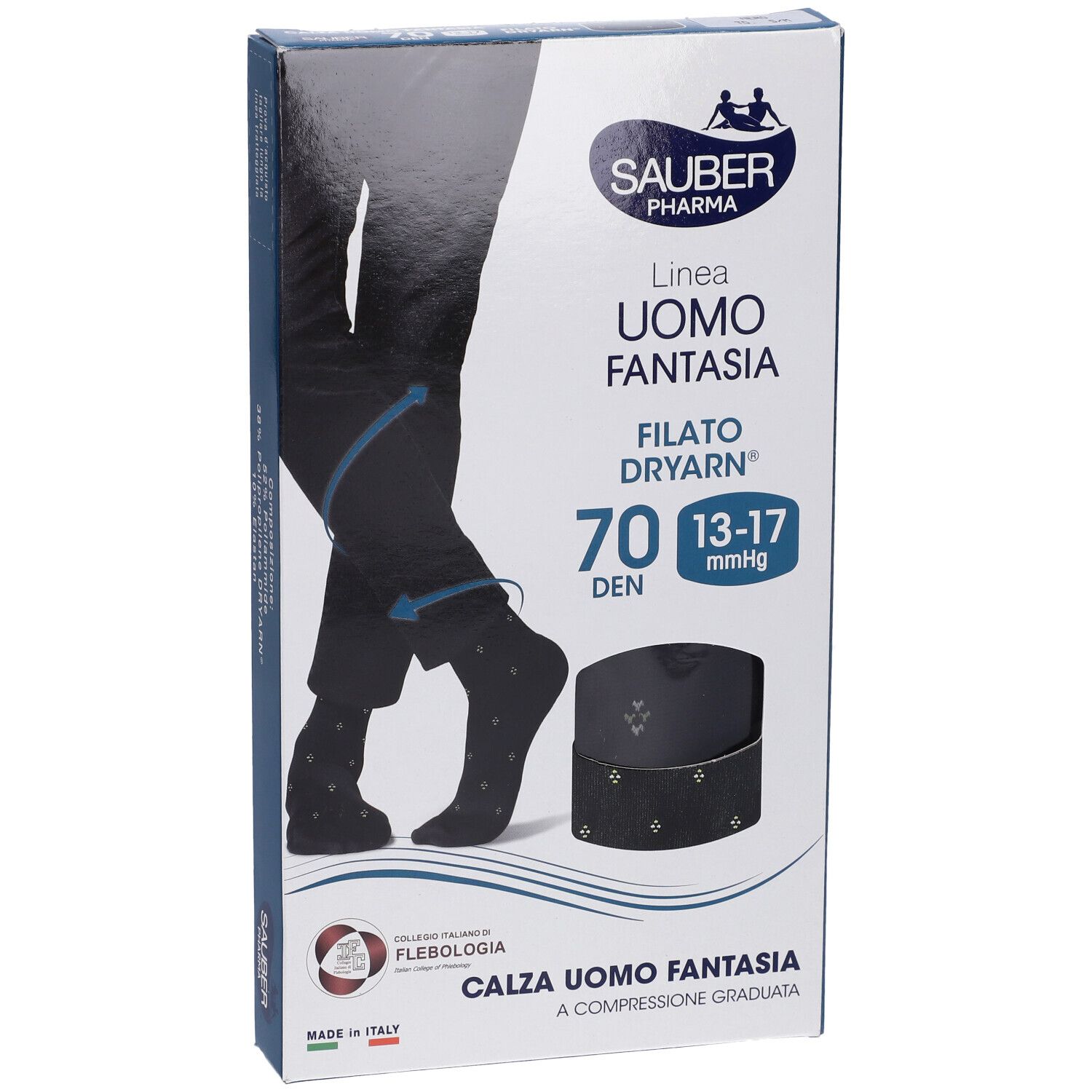 Calze nere da uomo in confezione. Marchio Sauber Pharma. Testo: Uomo Fantasia, 70 Den, 13-17 mmHg. A compressione.