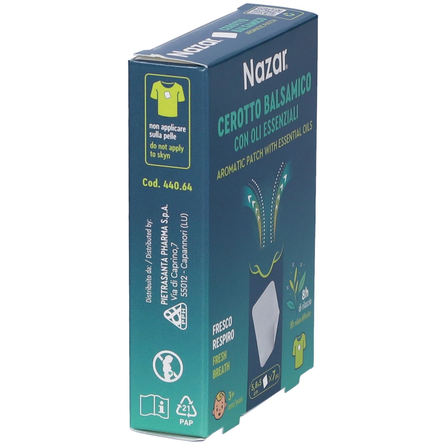 Scatola Nazar Cerotto Balsamico. Contiene cerotti aromatici con oli essenziali. Non applicare sulla pelle. Codice 440.64.