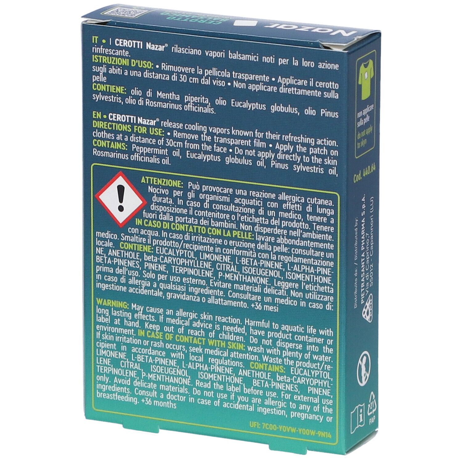 Retro della scatola con informazioni su Nazar Cerotto Balsamico. Contiene avvertenze e ingredienti. Testo in italiano e inglese.