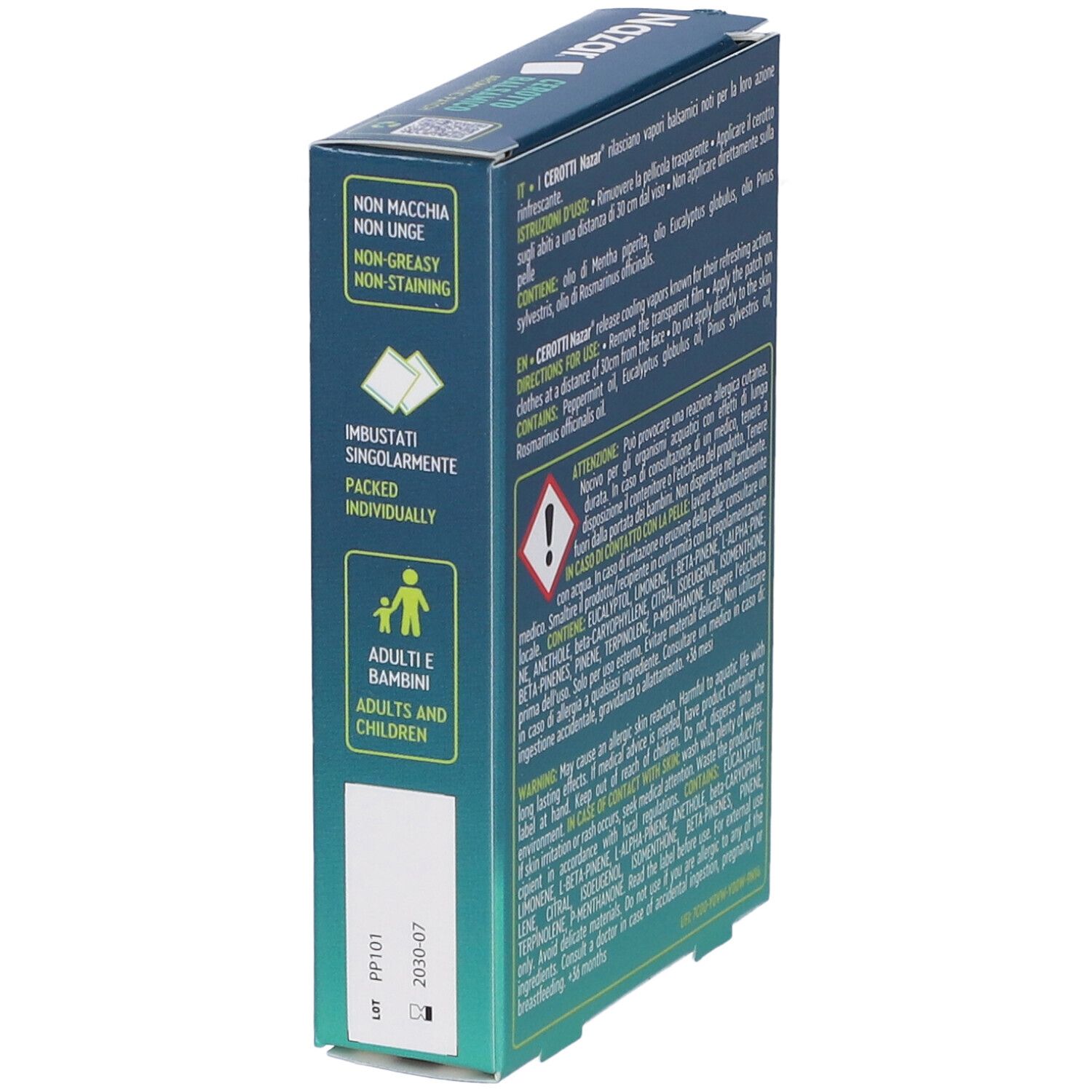 Lato della scatola con informazioni su Nazar Cerotto Balsamico. Non unge, confezionato singolarmente. Per adulti e bambini.