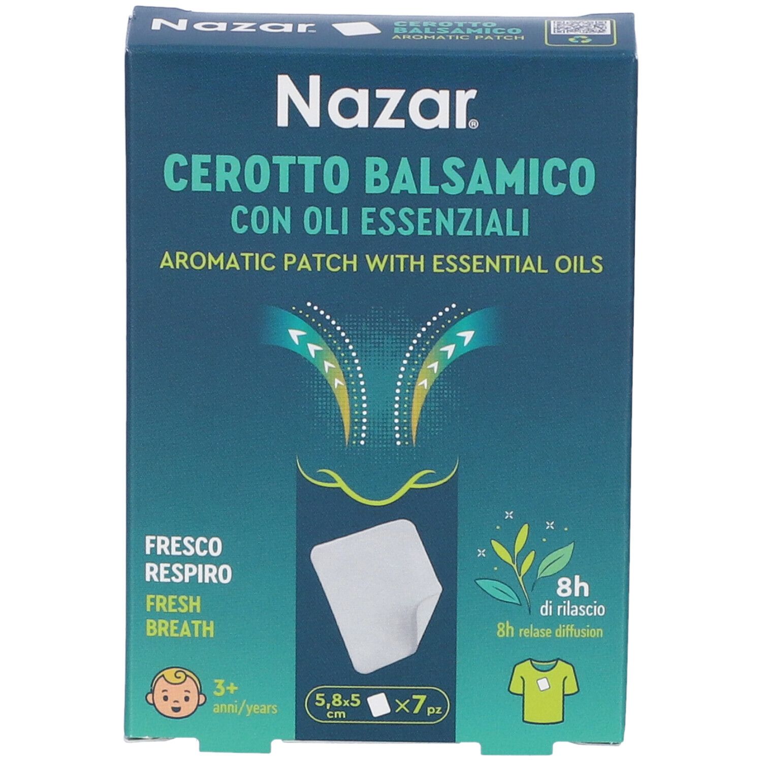 Scatola di Nazar Cerotto Balsamico. Contiene cerotti aromatici con oli essenziali. 5,8x5 cm, 7 pezzi. Per bambini dai 3 anni.