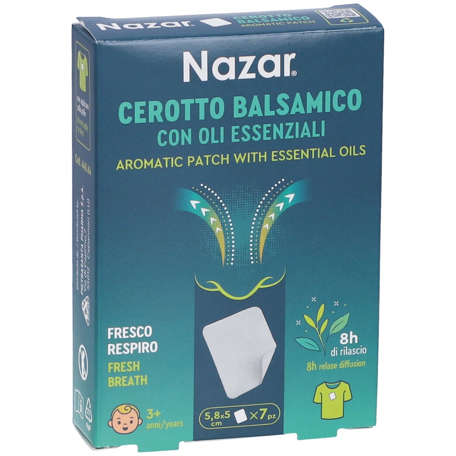 Scatola di Nazar Cerotto Balsamico. Contiene cerotti aromatici con oli essenziali. 5,8x5 cm, 7 pezzi. Per bambini dai 3 anni.
