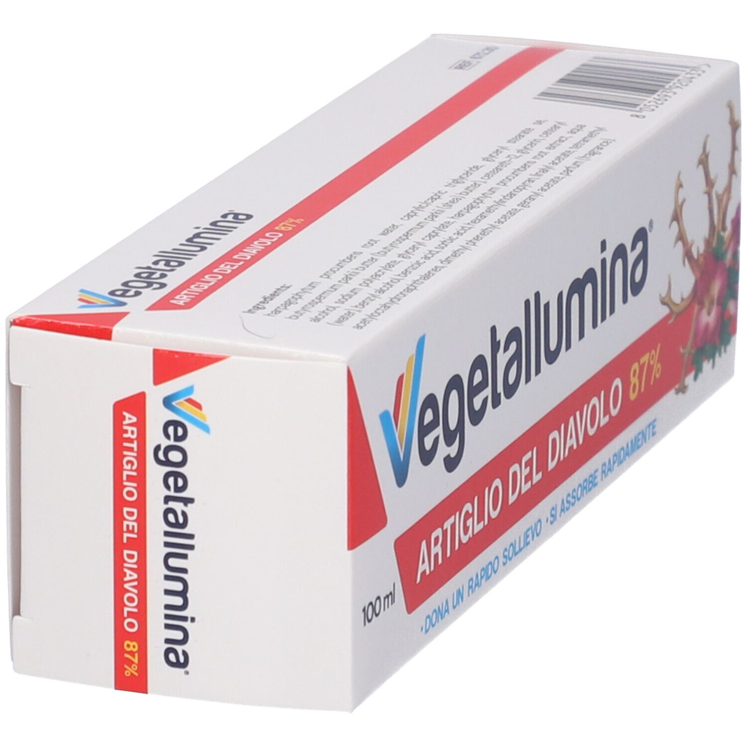 Vista obliqua della confezione bianca. Scritta: Vegetallumina, Artiglio del Diavolo 87%. Accenti rossi e gialli.